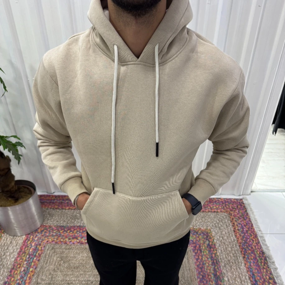 Erkek Bej Kapüşonlu Sweatshirt – Basic Rahat Fit Hoodie Modeli