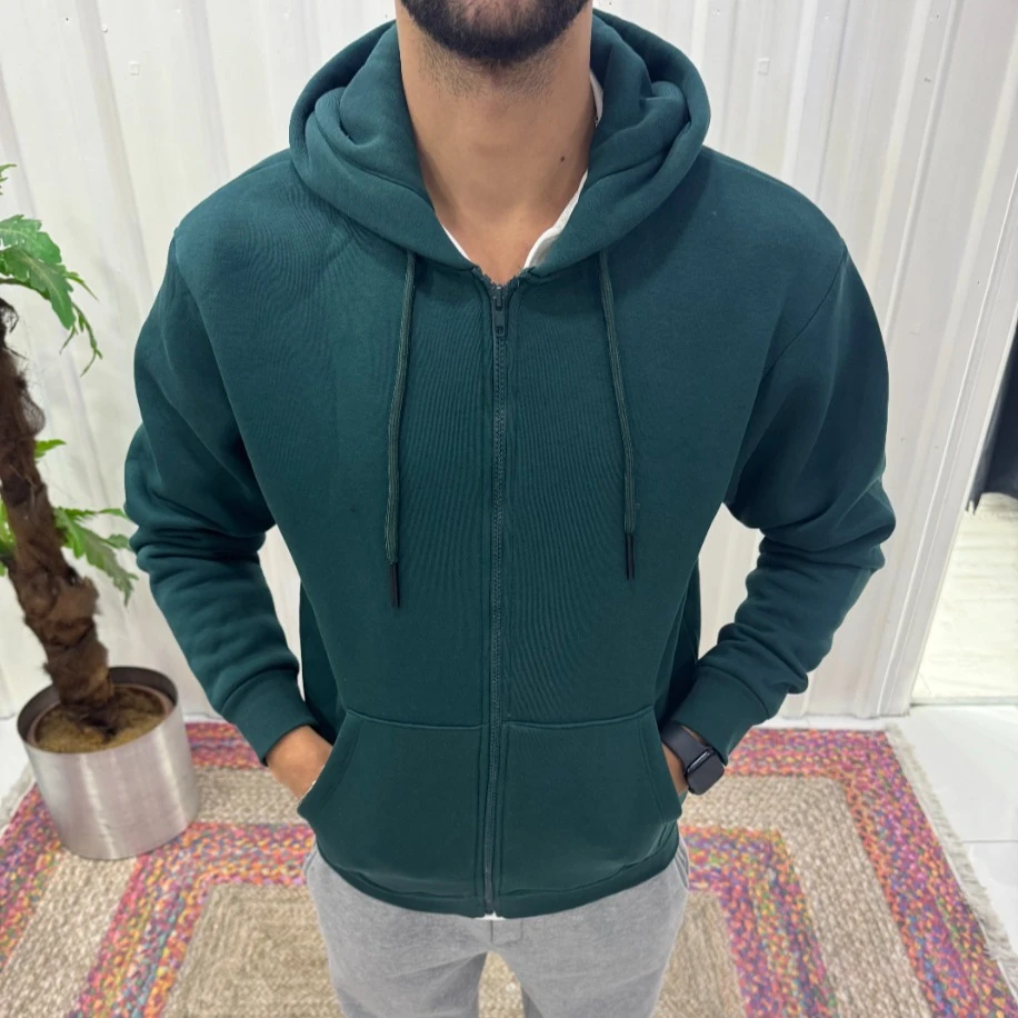 Erkek Yeşil Fermuarlı Kapüşonlu Sweatshirt – Basic Rahat Fit Hoodie Modeli