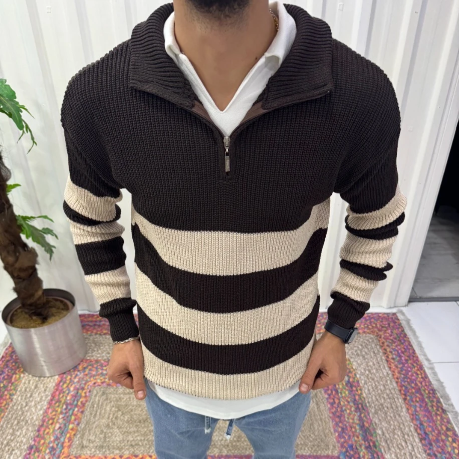 Trend Çizgili: Fermuarlı (Yarım Balıkçı) Relax Fit Kahve Triko