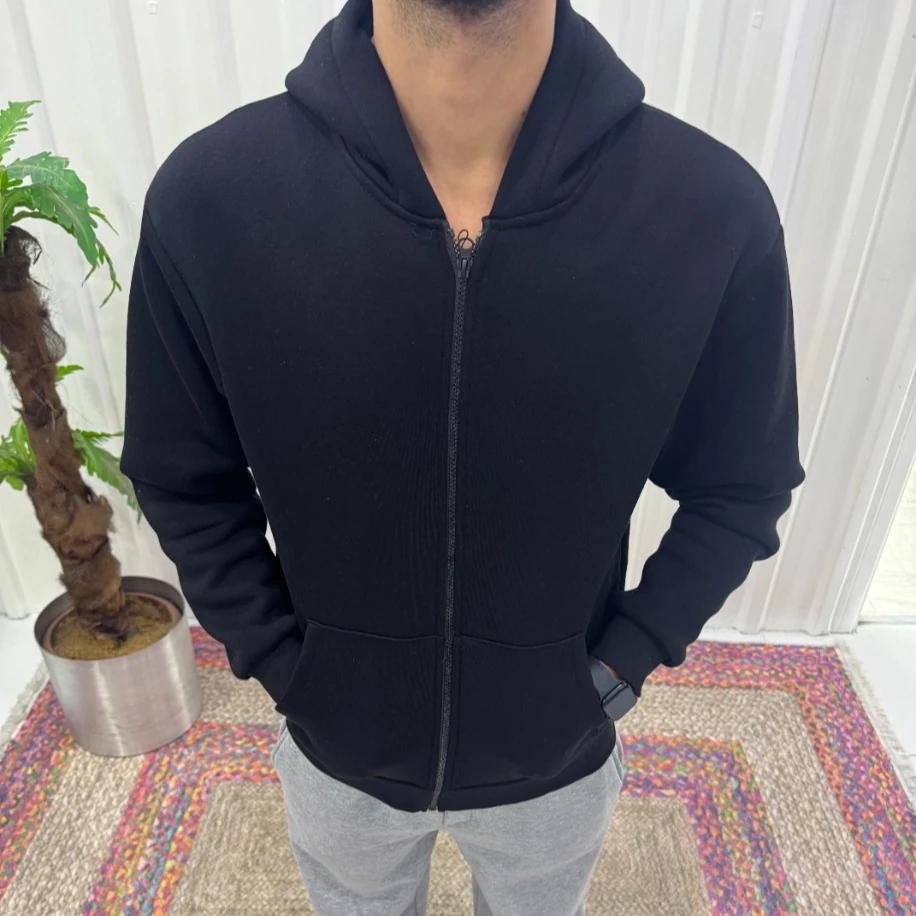 Erkek Siyah Fermuarlı Kapüşonlu Sweatshirt – Basic Rahat Fit Hoodie