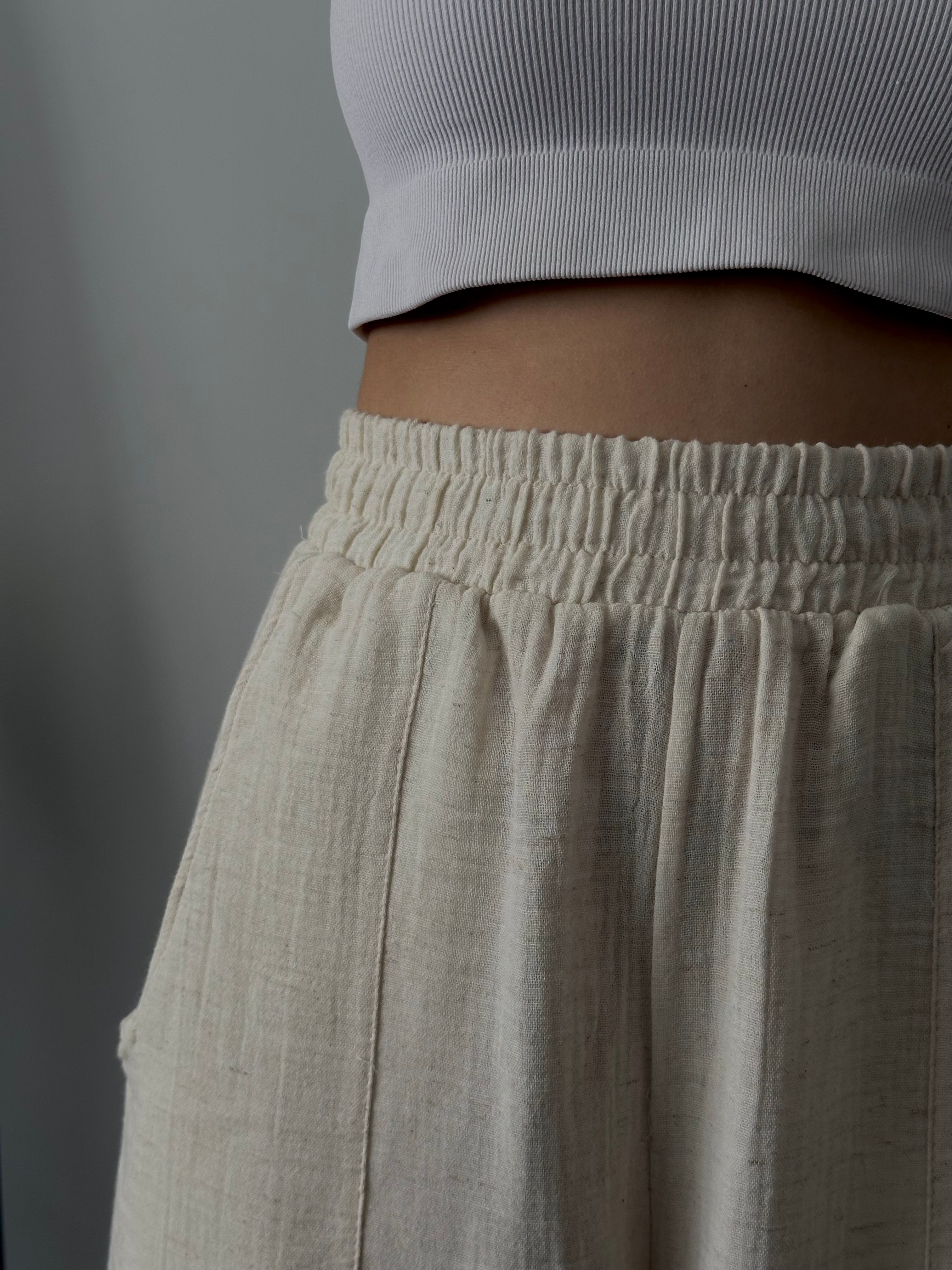 Yüksek Bel Wide Leg Müslin Pantolon - Bej