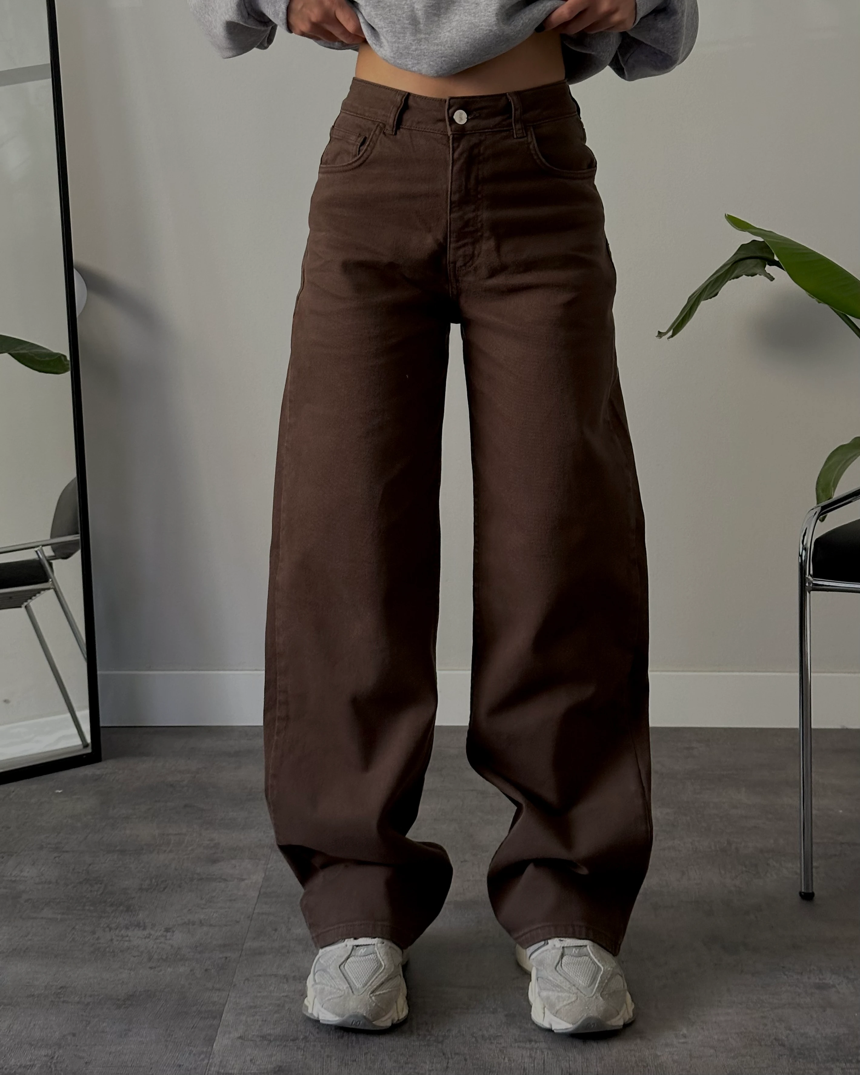 Yüksek Bel Koyu Kahve Wide Leg Jean