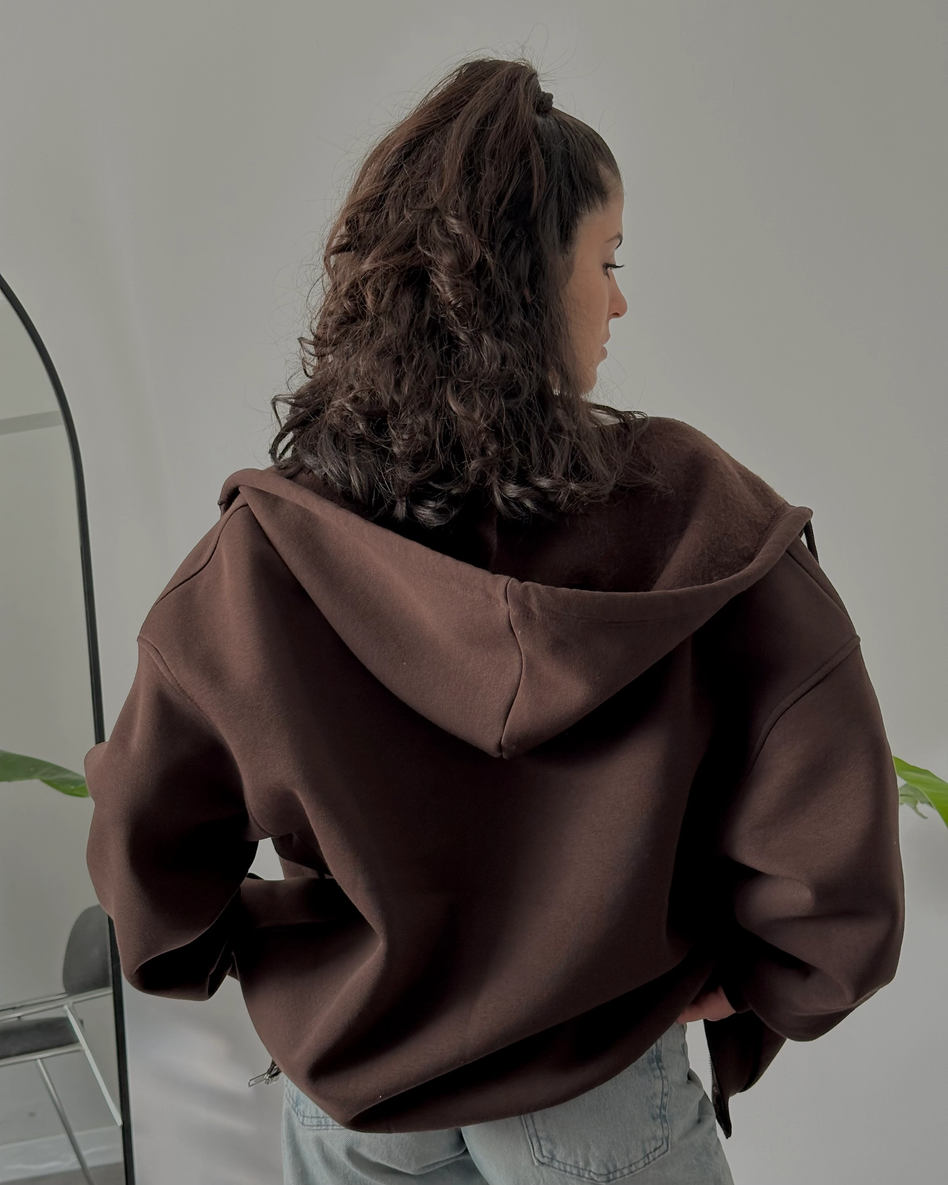 Fermuarlı Kapüşonlu Oversize Sweatshirt - Kahverengi