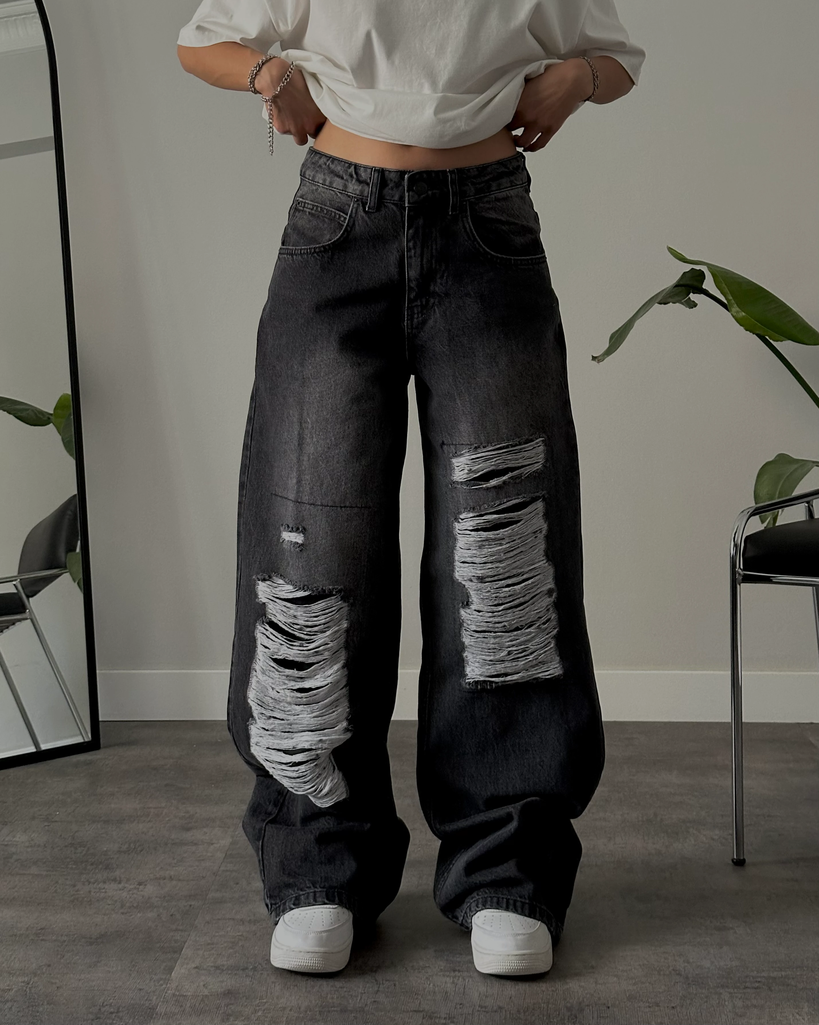 Yüksek Bel Siyah Aşırı Yırtık Baggy Jean