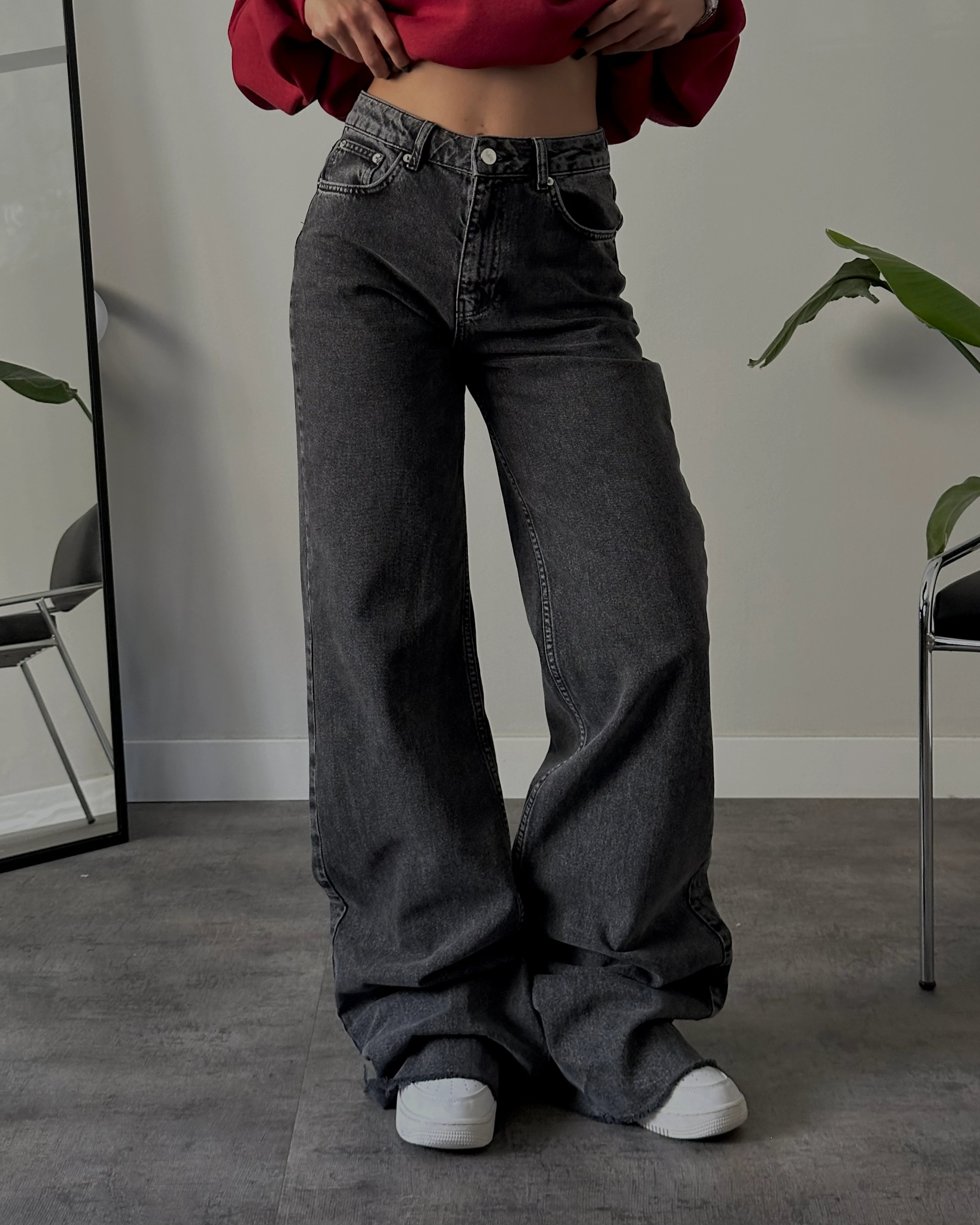 Yüksek Bel Koyu Gri Wide Leg Jean