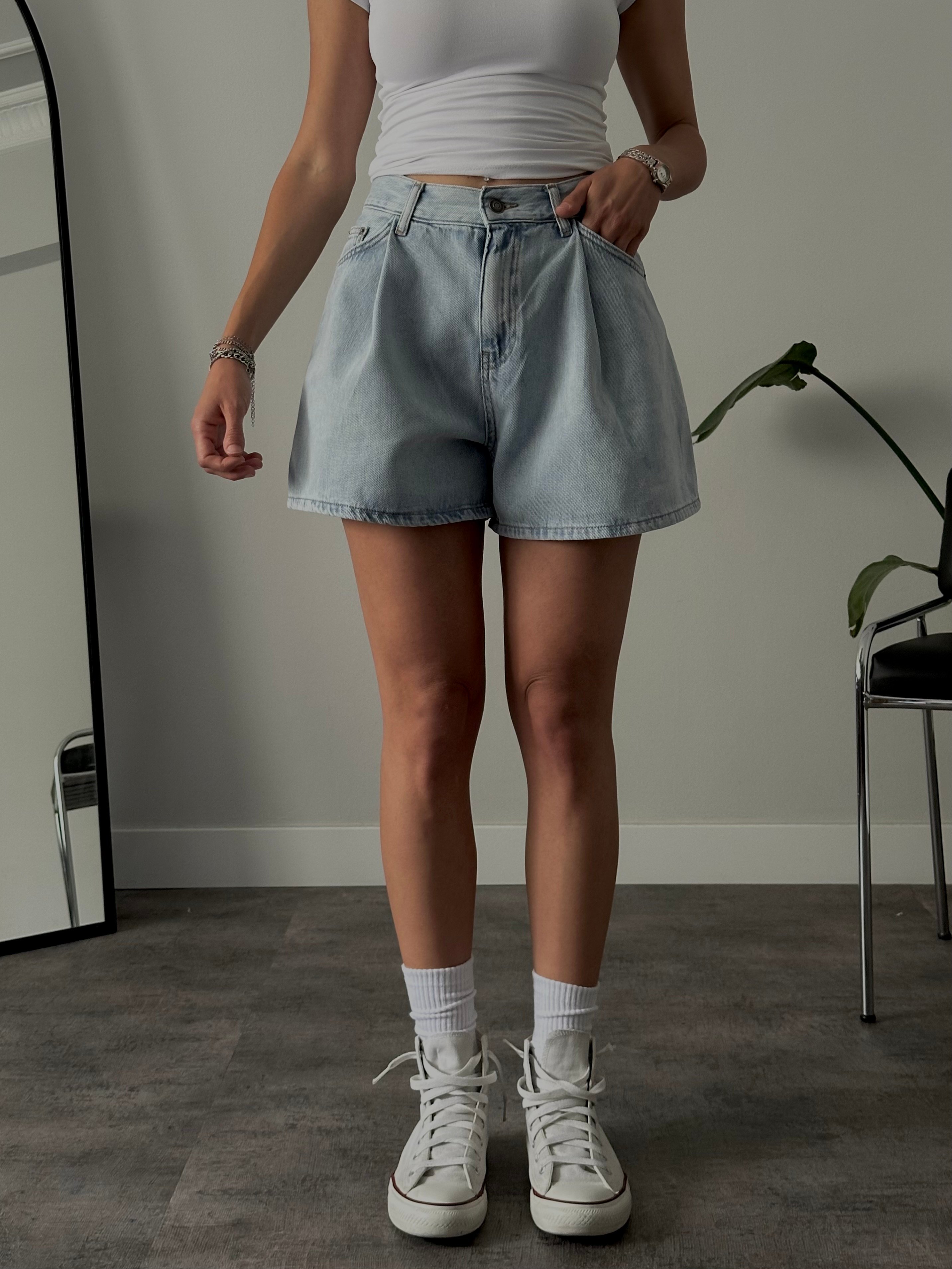 Yüksek Bel Sky Blue Wide Leg Denim Şort