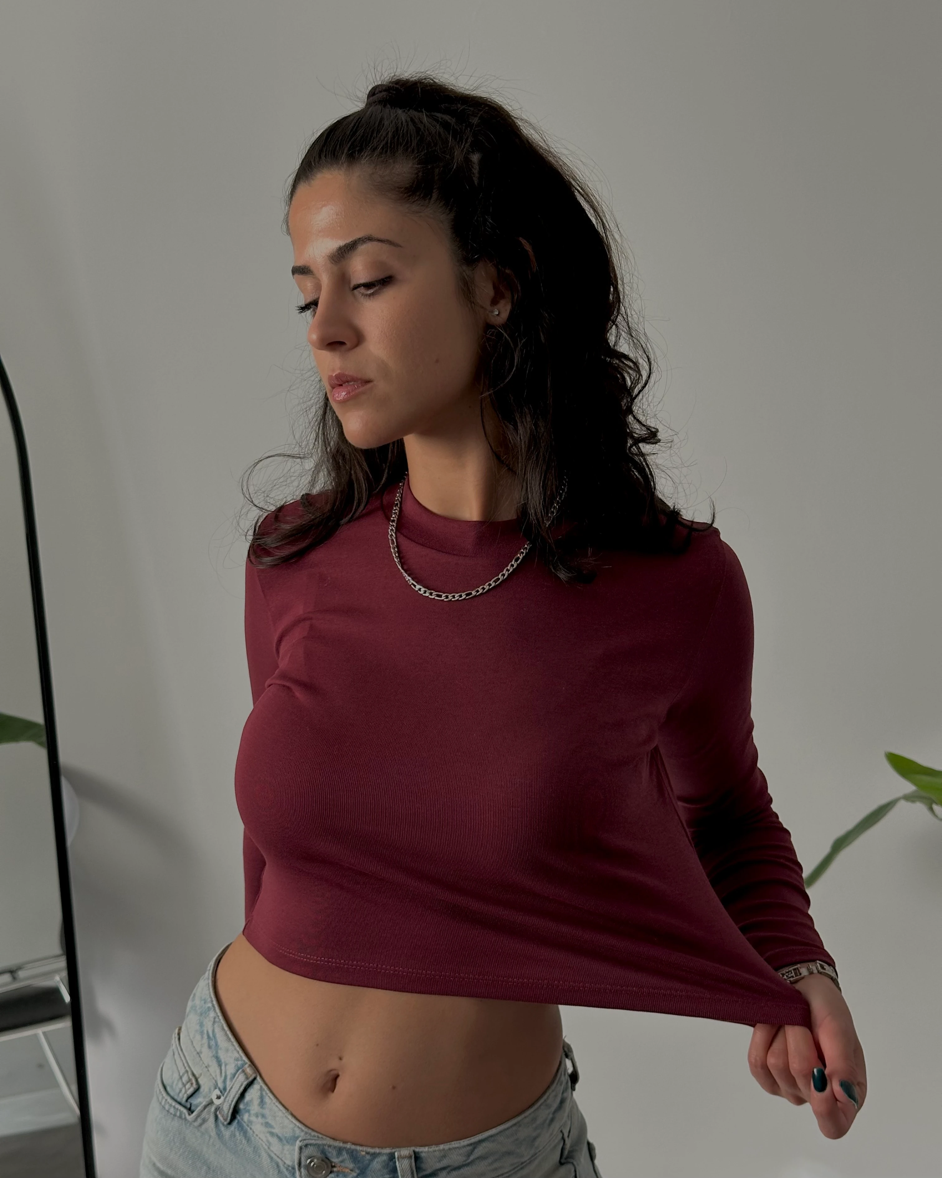 Bisiklet Yaka Uzun Kollu Crop Body - Bordo