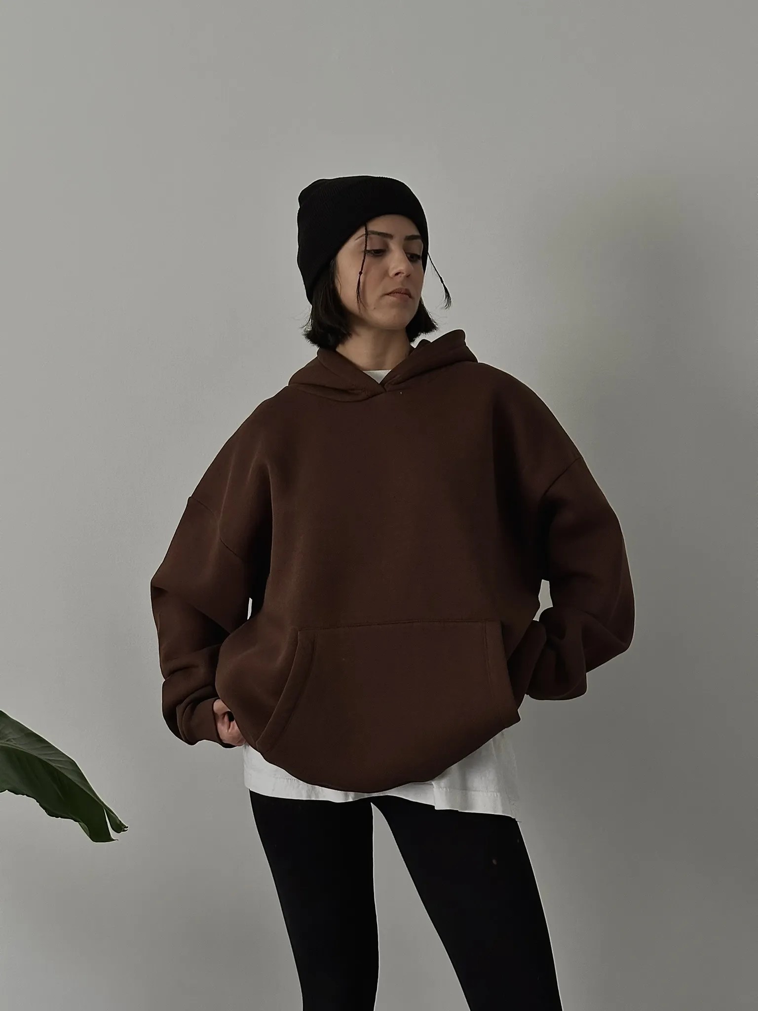 Oversize Kadın Kapüşonlu Sweatshirt - Kahverengi