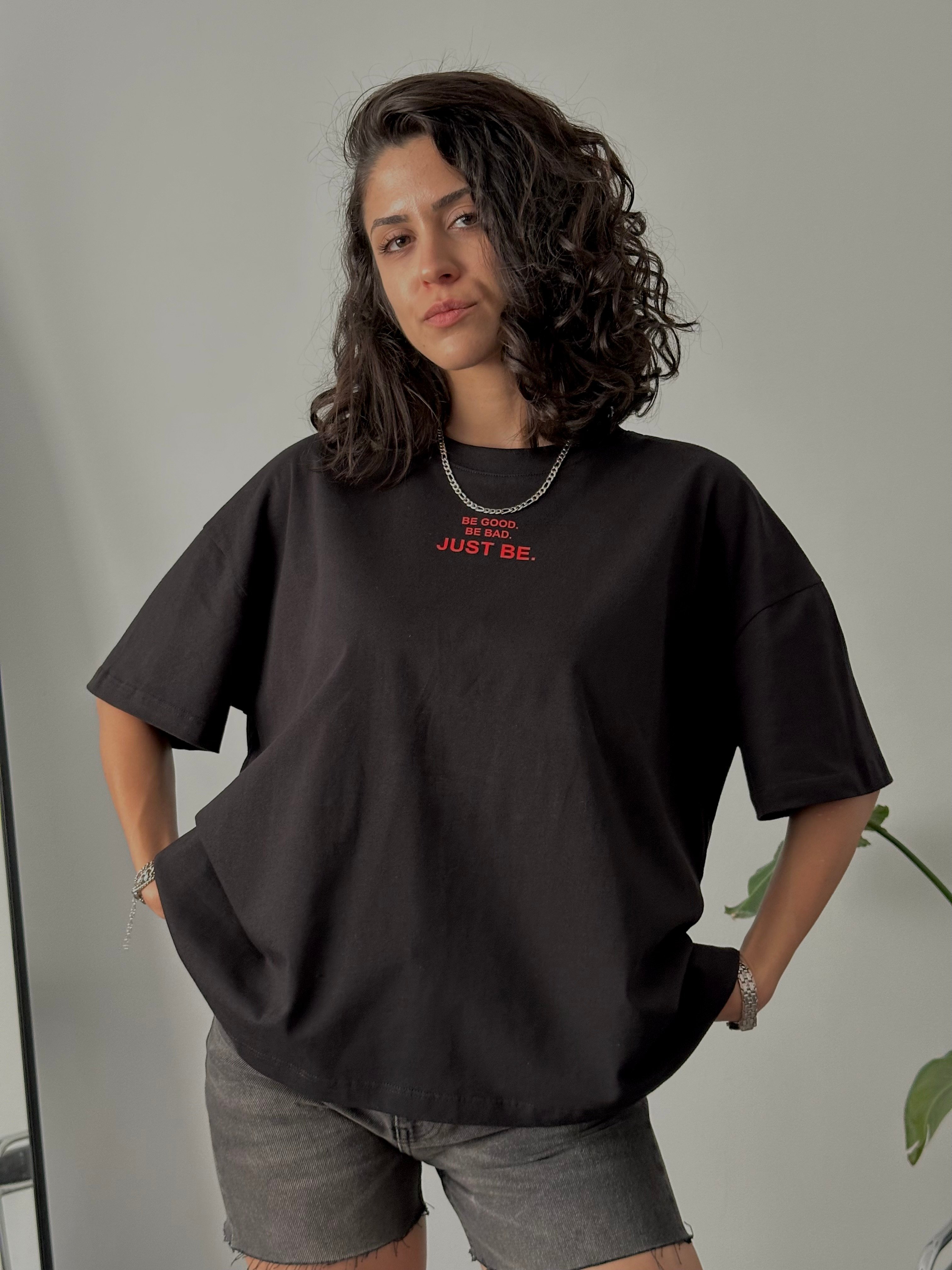 %100 Pamuk Oversize Baskılı Tişört - Siyah