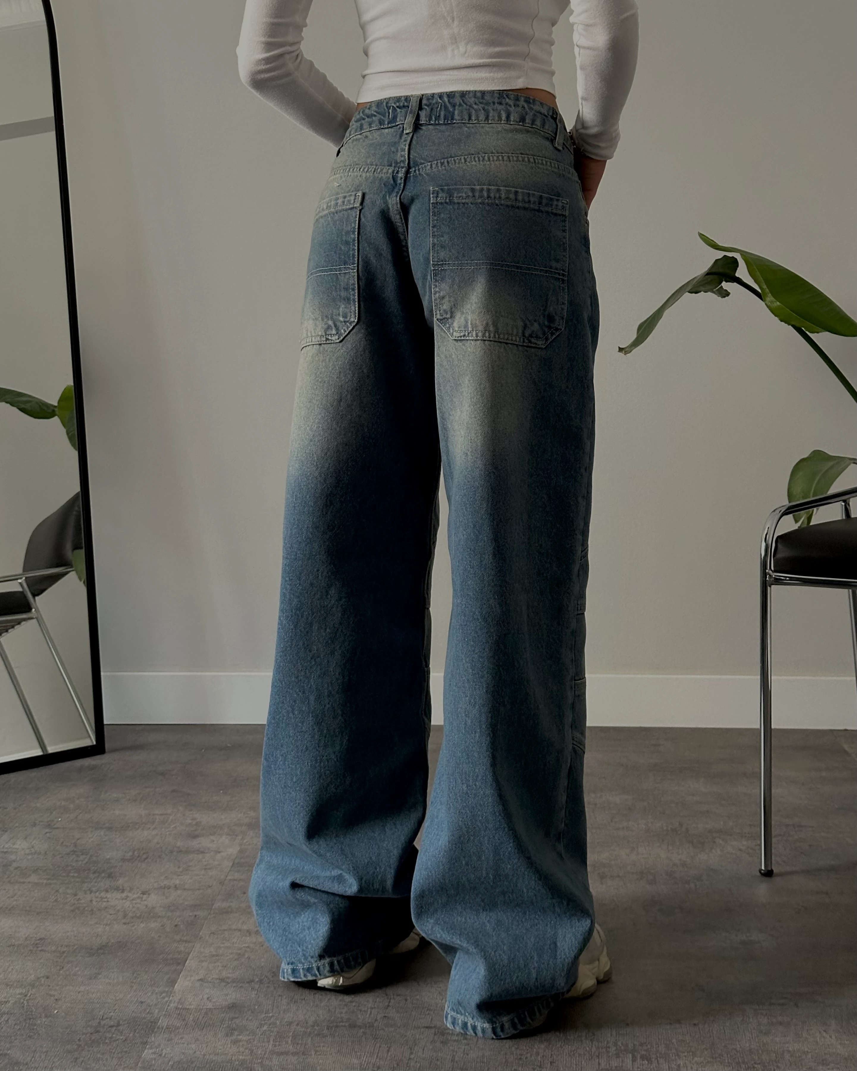 Yüksek Bel Mavi Dizi Pileli Ultra Baggy Vintage Jean