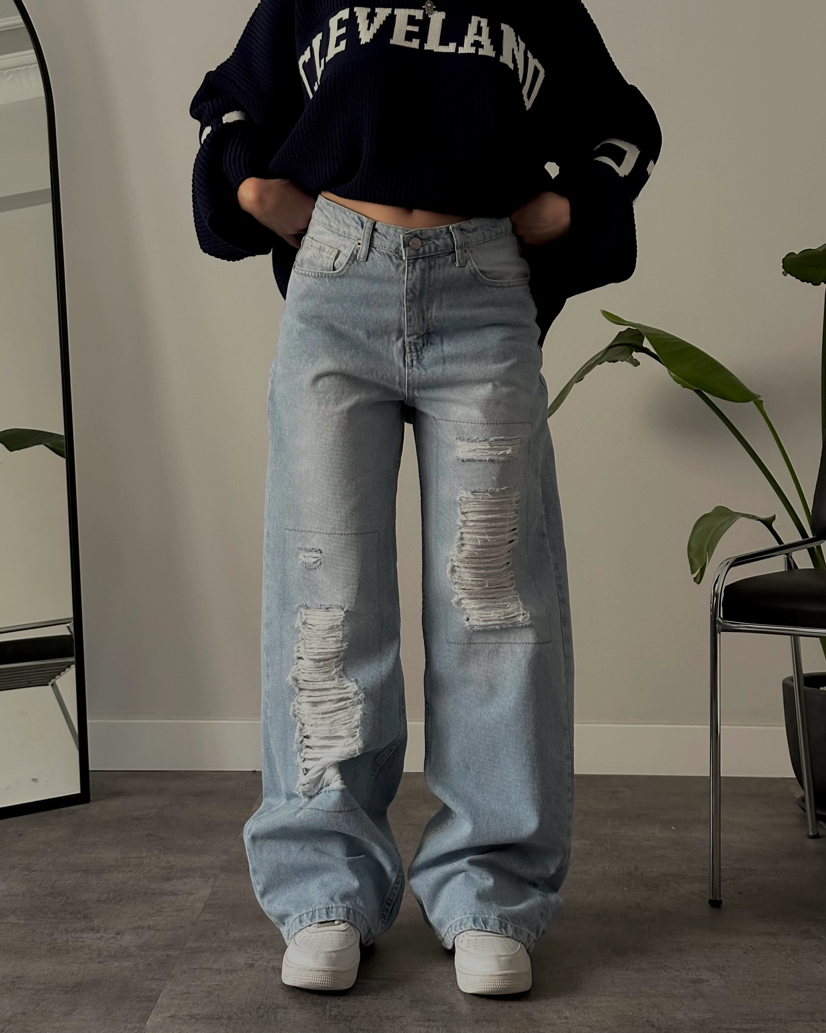 Yüksek Bel Aşırı Yırtık Baggy Jean - Yıkamalı Mavi Denim