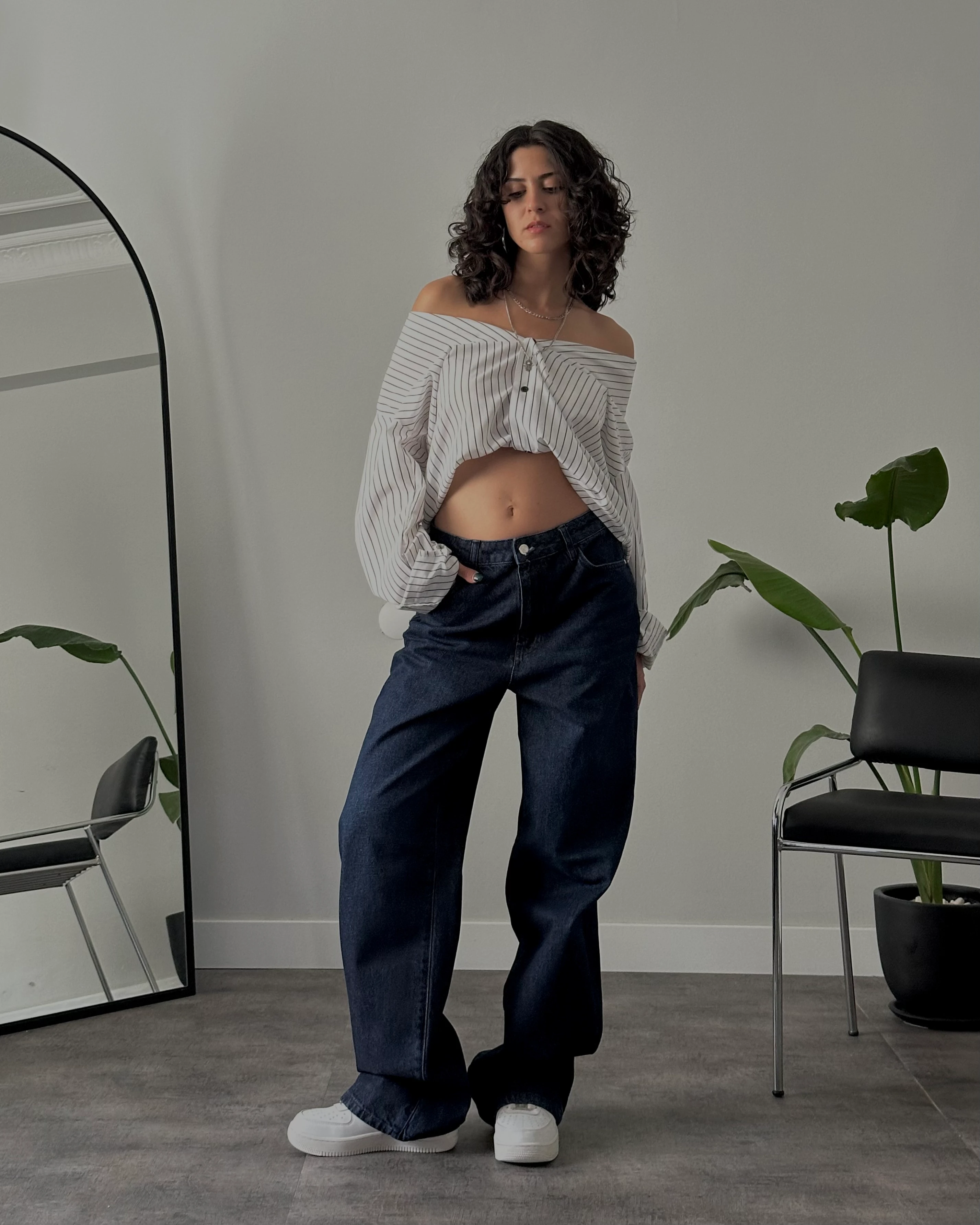 Yüksek Bel Koyu Mavi Wide Leg Flare Jean