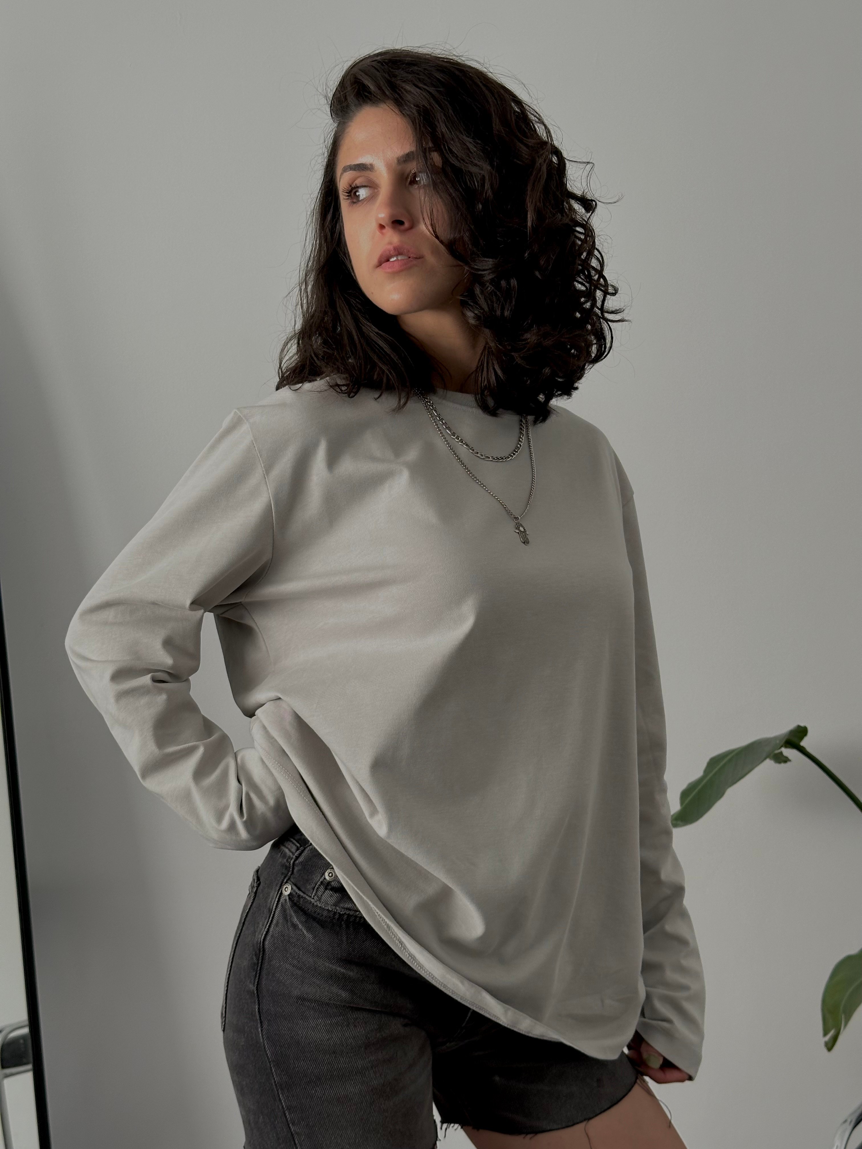 100% Cotton Oversize Basic Long Sleeve T-Shirt - Grey