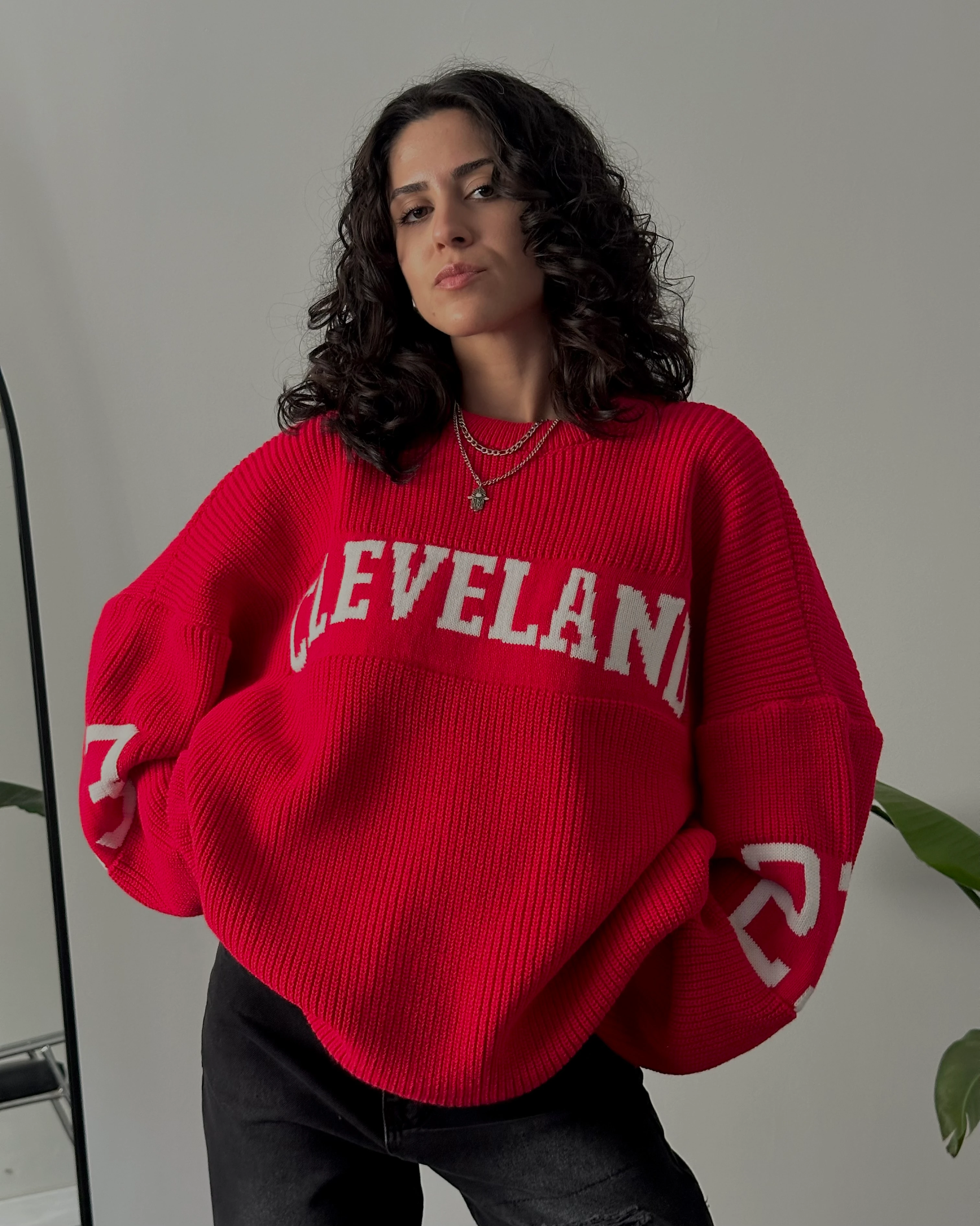 Oversize Cleveland Kolej Triko Kazak - Kırmızı