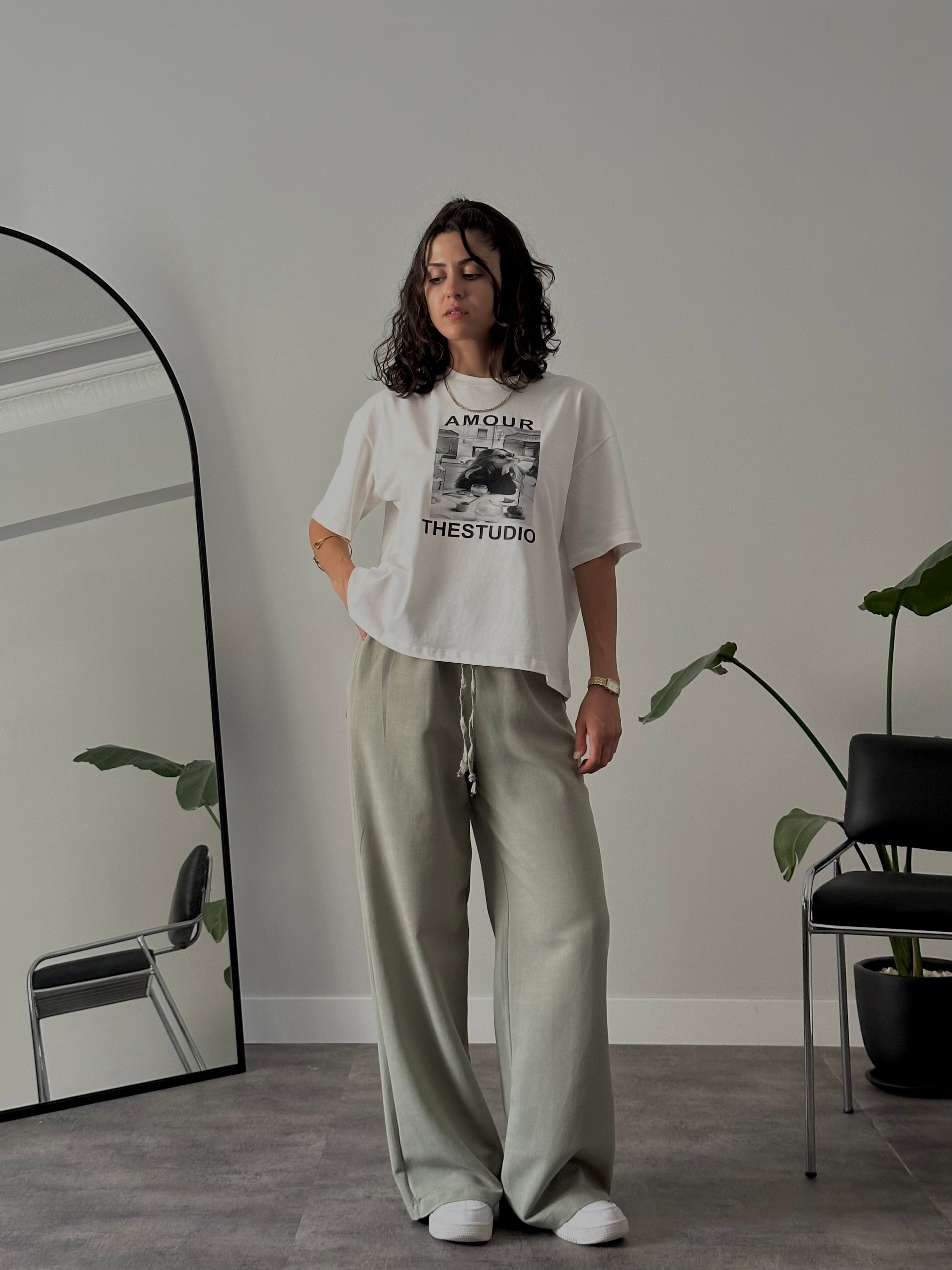 Yüksek Bel Bağcıklı Relaxed Keten Pantolon