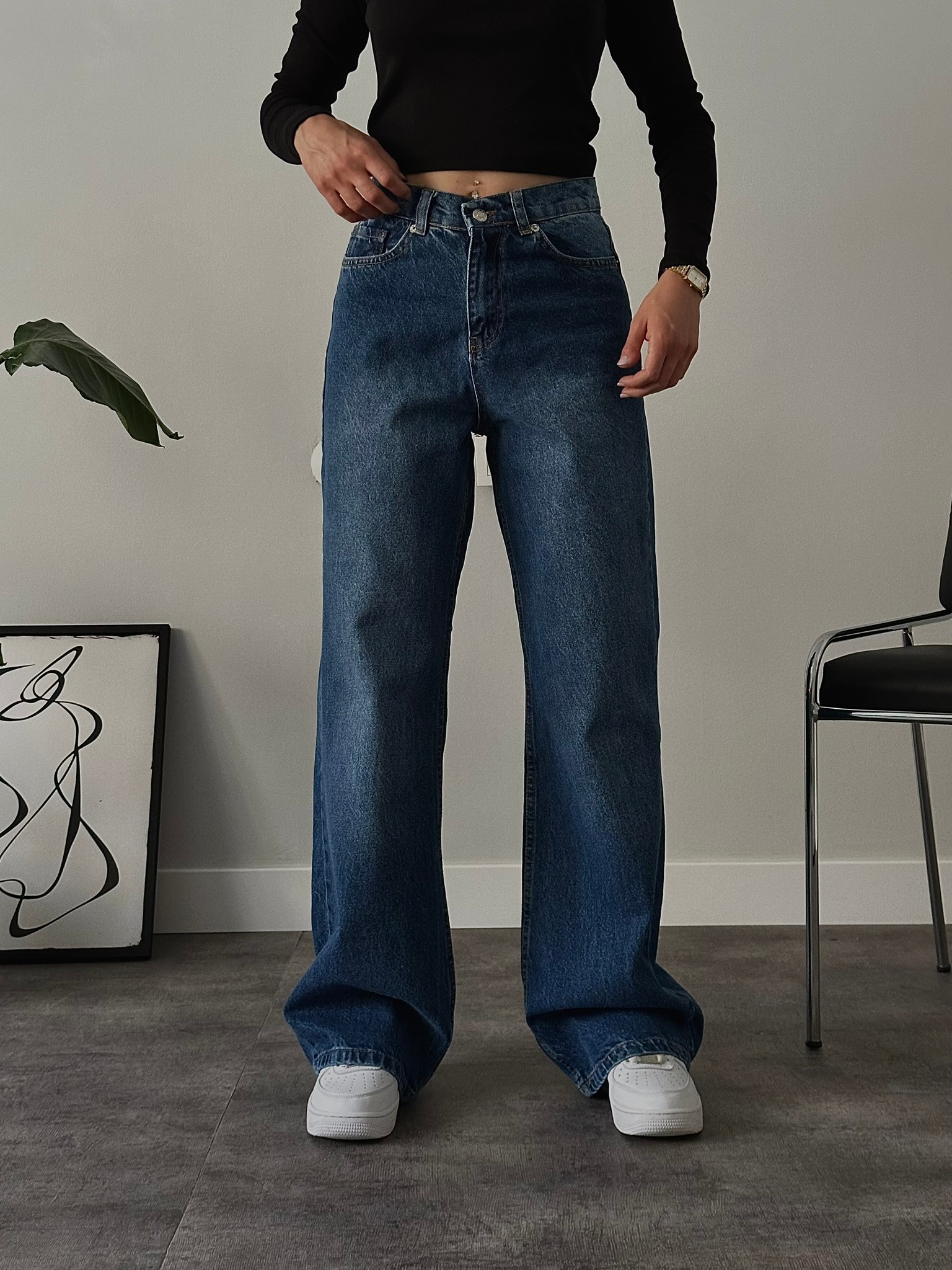 Yüksek Bel Yıkamalı Extra Wide Leg Jean - Koyu Mavi Denim