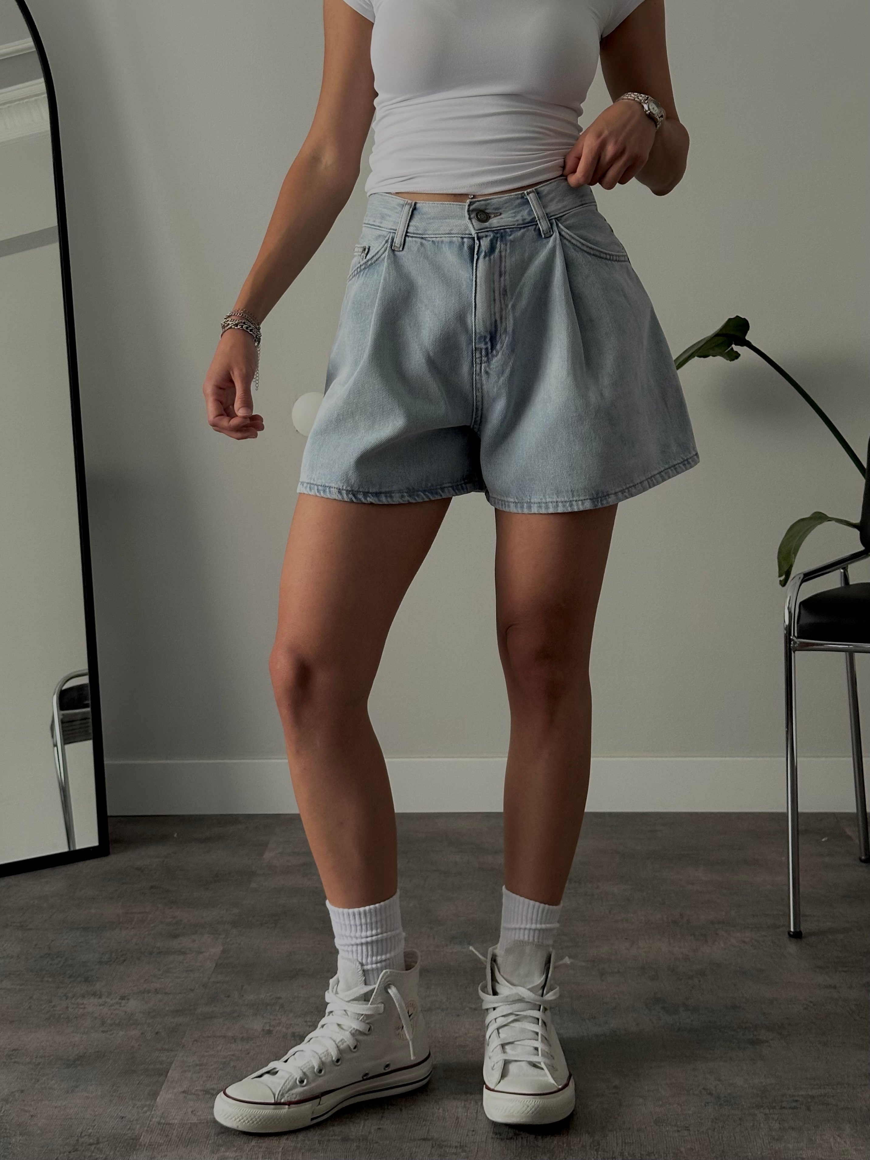 Yüksek Bel Sky Blue Wide Leg Denim Şort