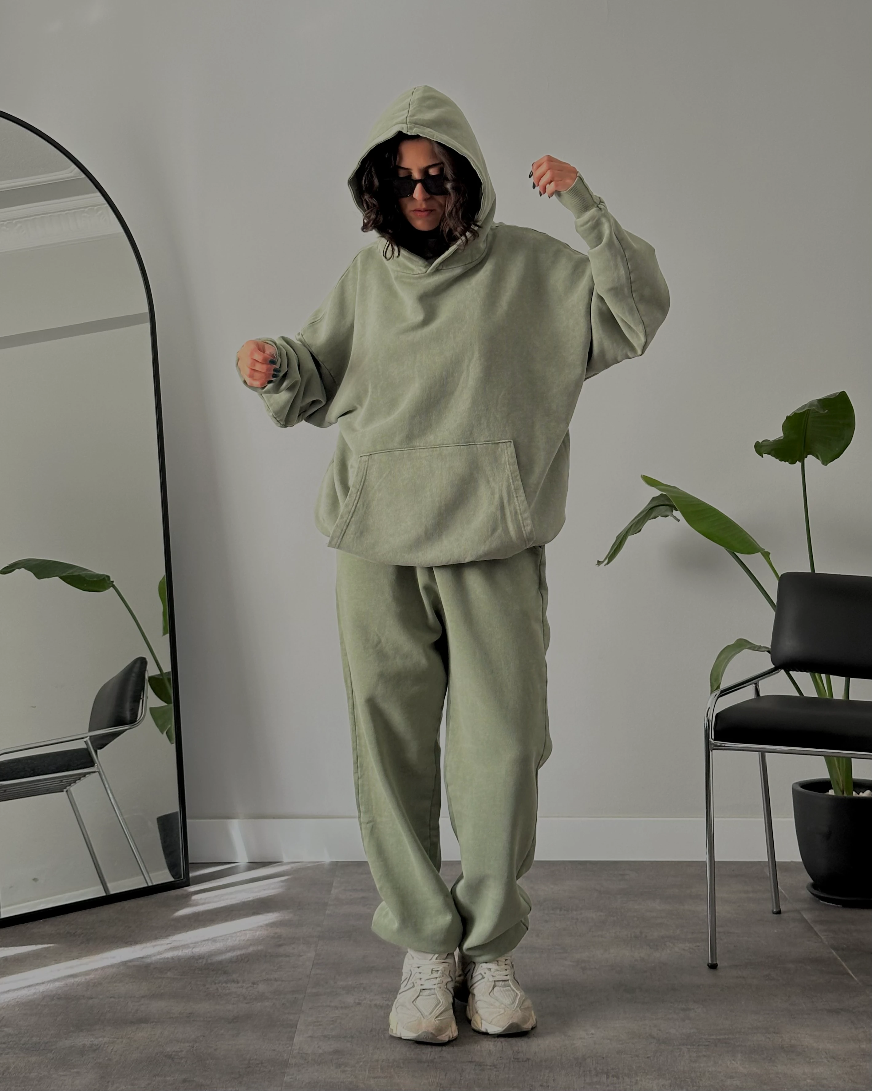 Unisex Yıkamalı Oversize 3 İplik Eşofman Takımı - Yıkamalı Haki