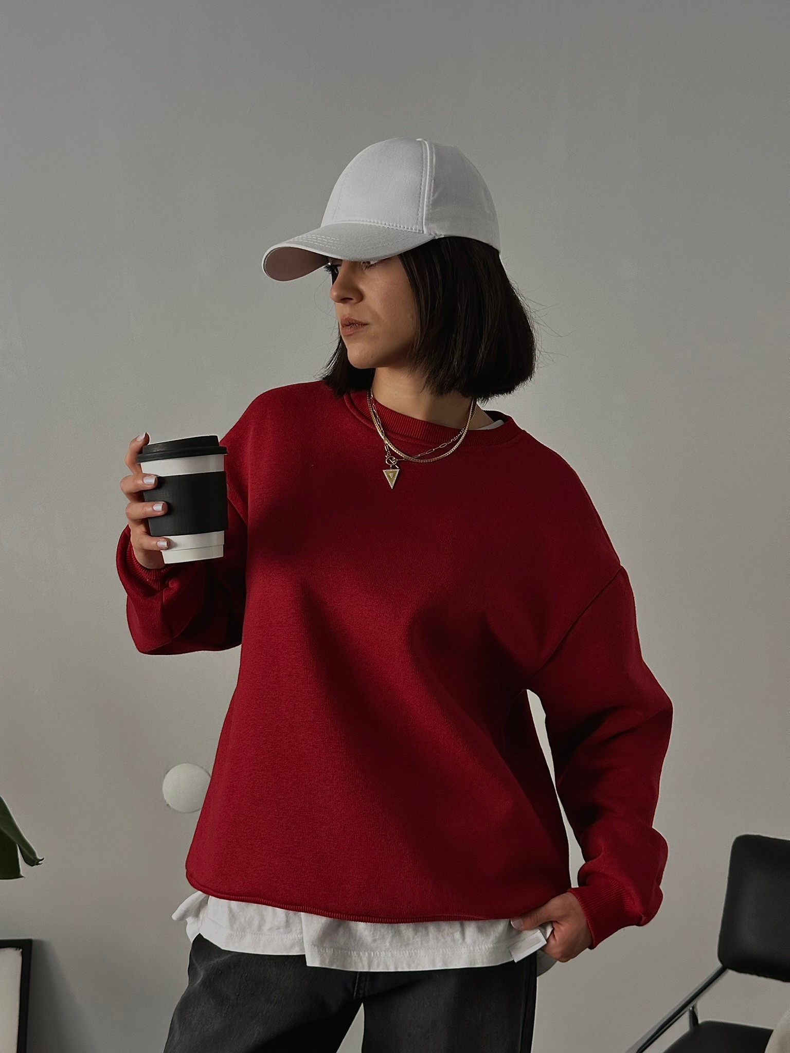 Oversize Kadın Bisiklet Yaka Basic Sweatshirt - Bordo