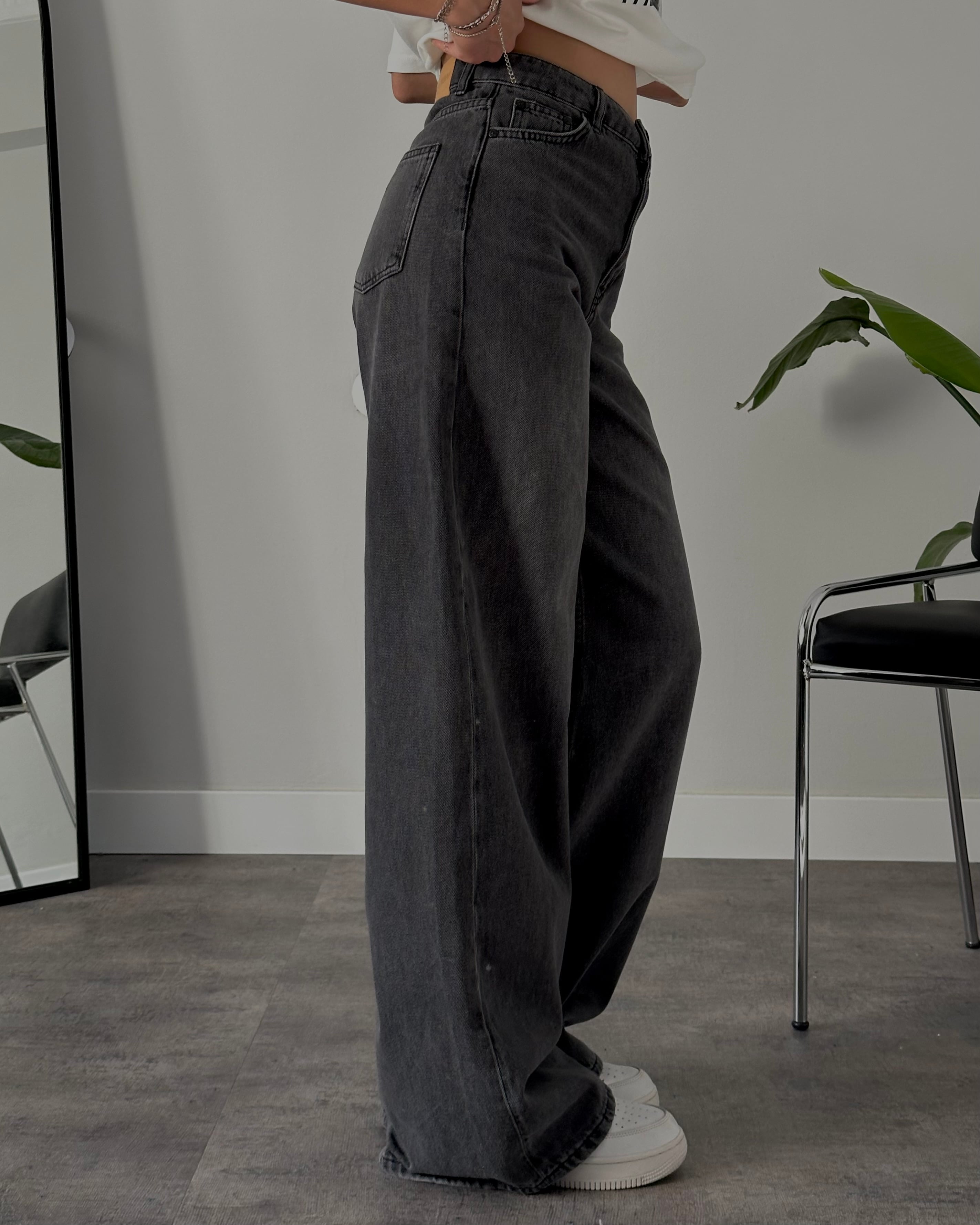 Yüksek Bel Antrasit Yıkamalı Wide Leg Jean
