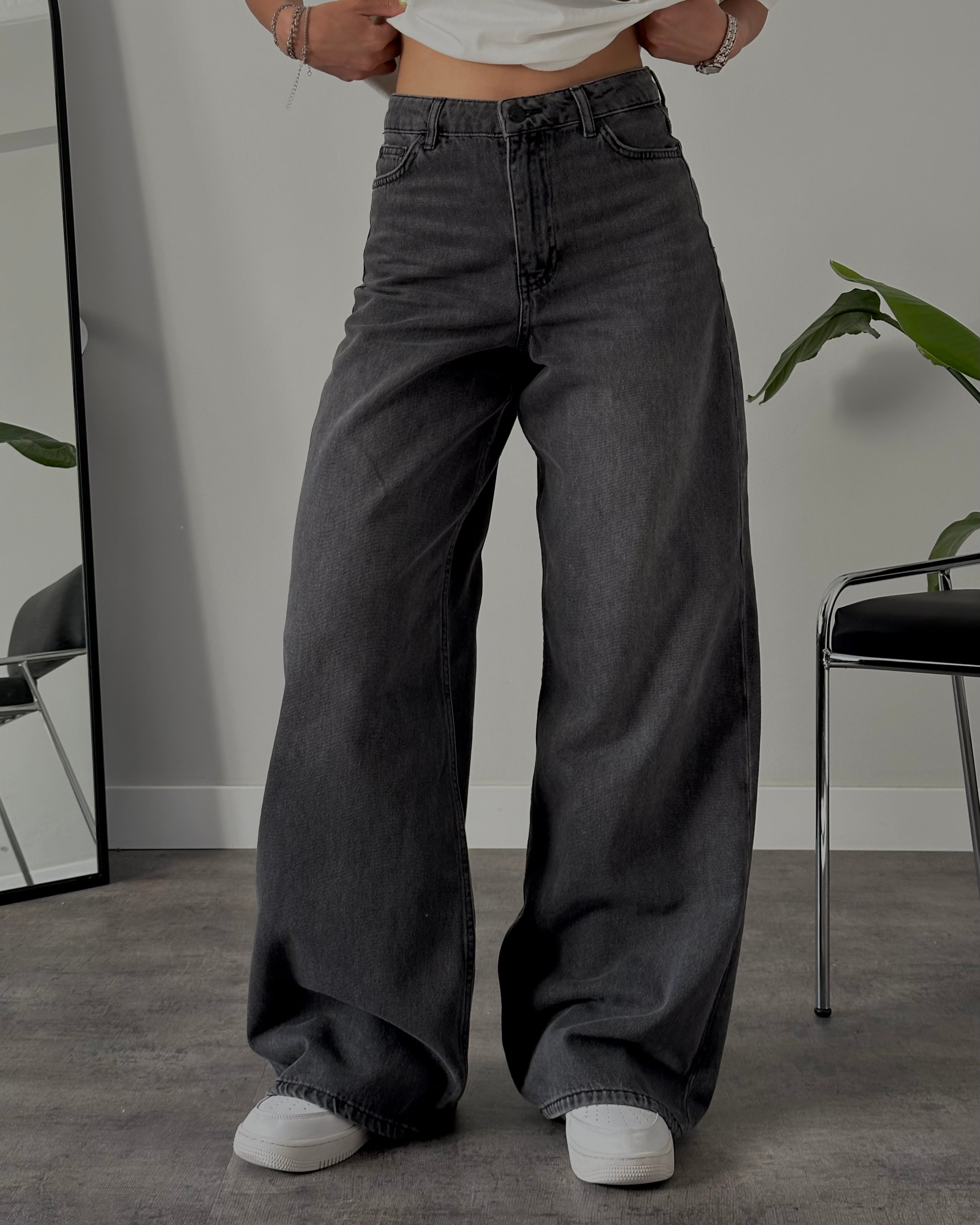 Yüksek Bel Antrasit Yıkamalı Wide Leg Jean