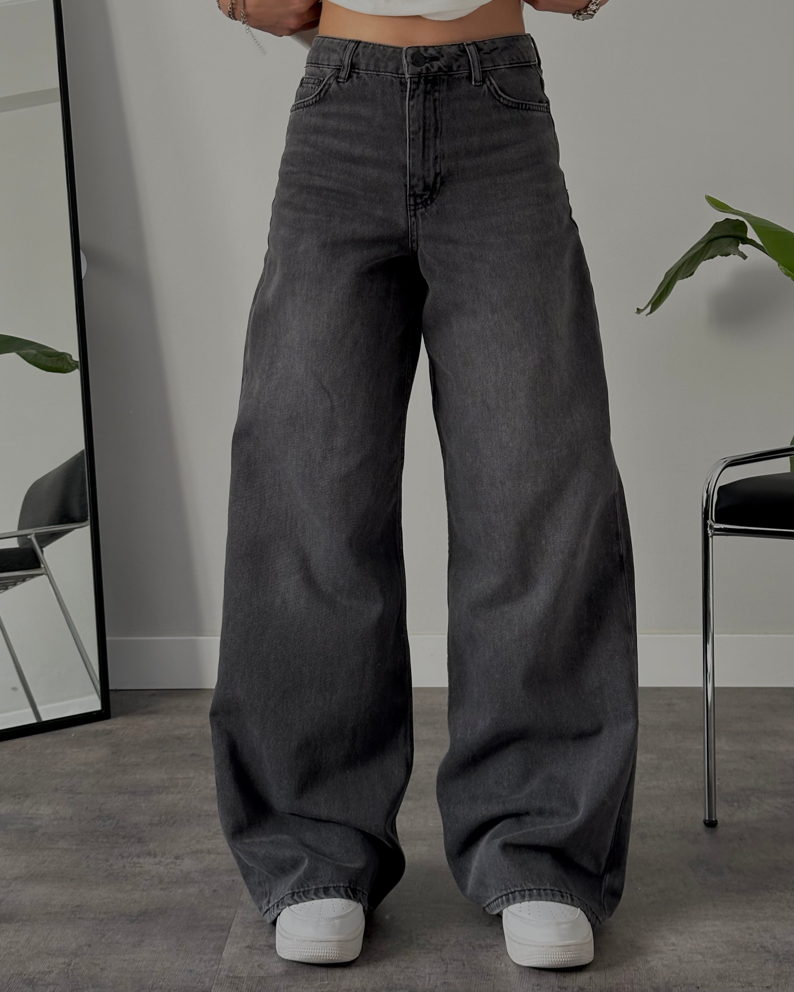 Yüksek Bel Antrasit Yıkamalı Wide Leg Jean