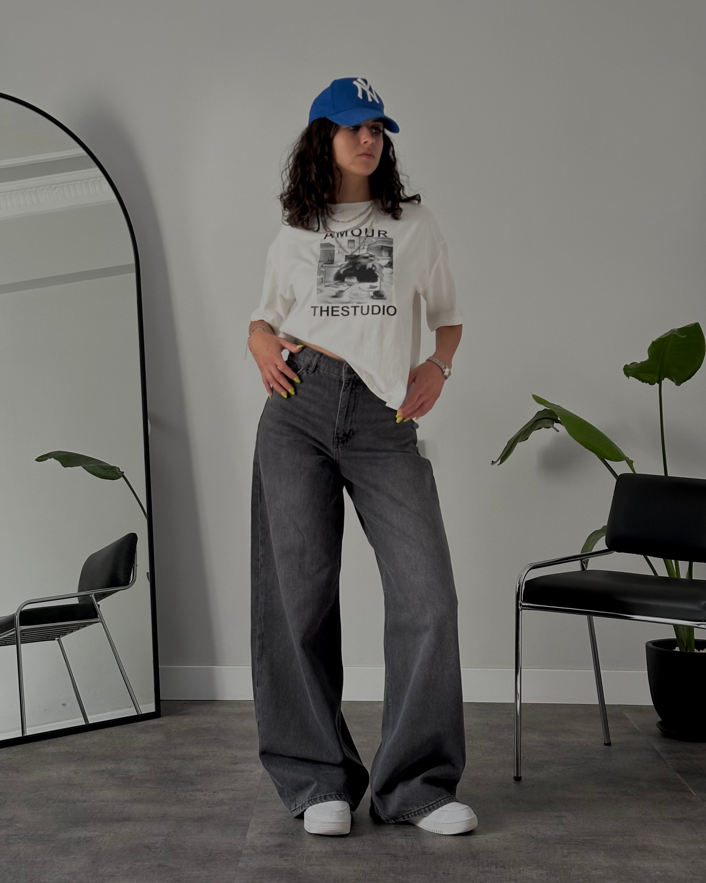 Yüksek Bel Antrasit Yıkamalı Wide Leg Jean