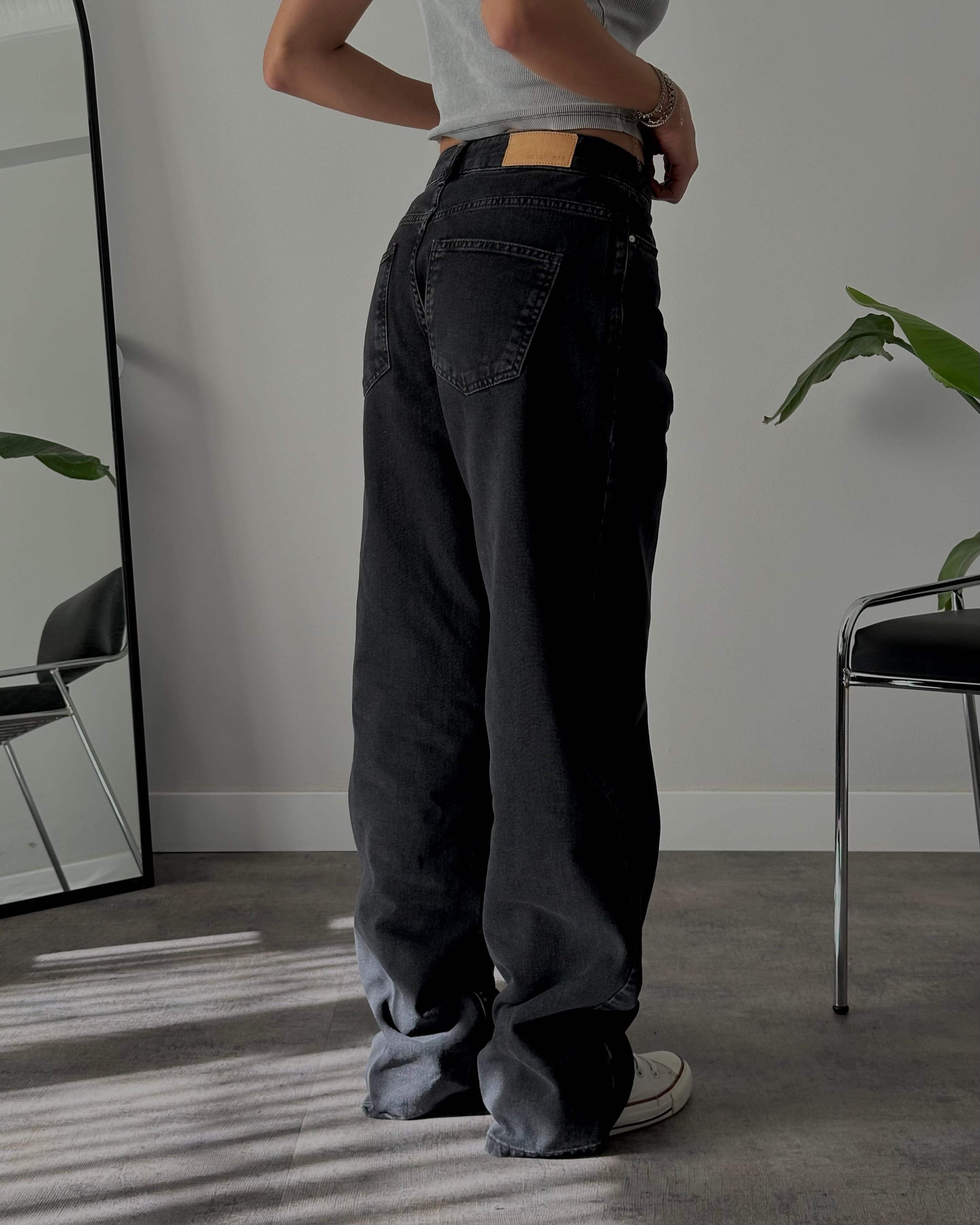 Orta Bel Siyah Relaxed Straight Jean