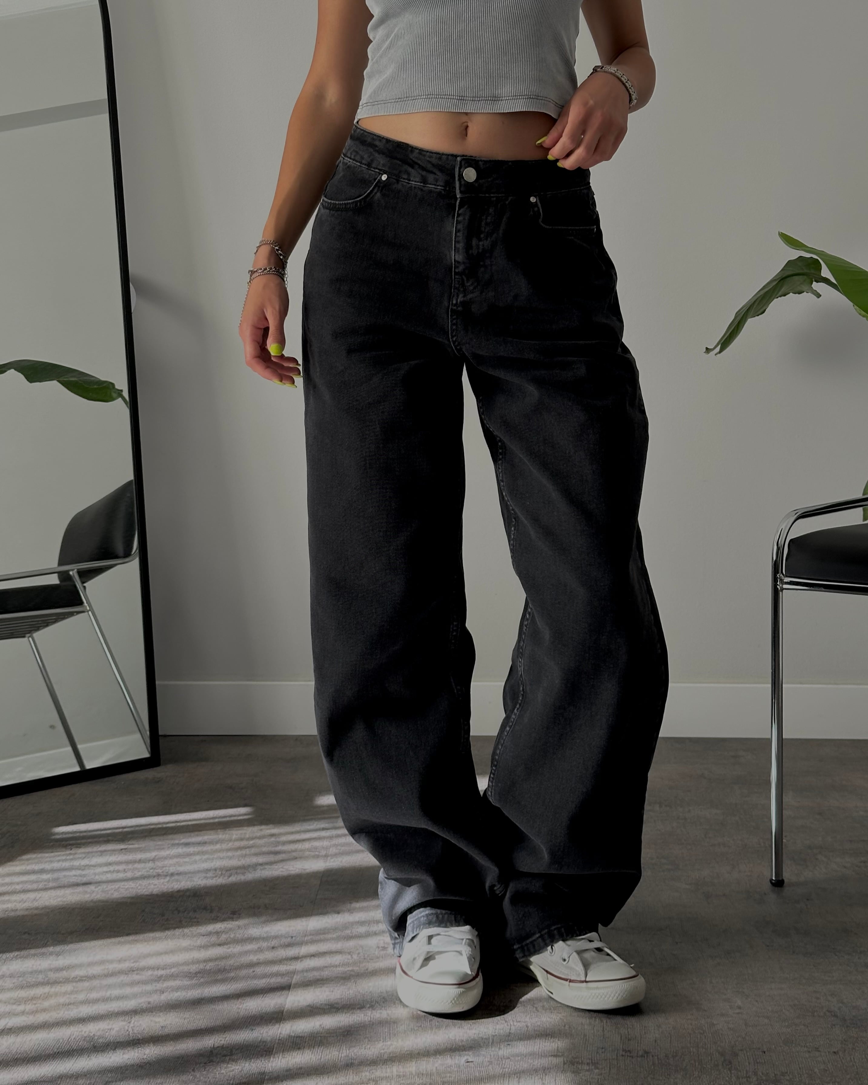Orta Bel Siyah Relaxed Straight Jean