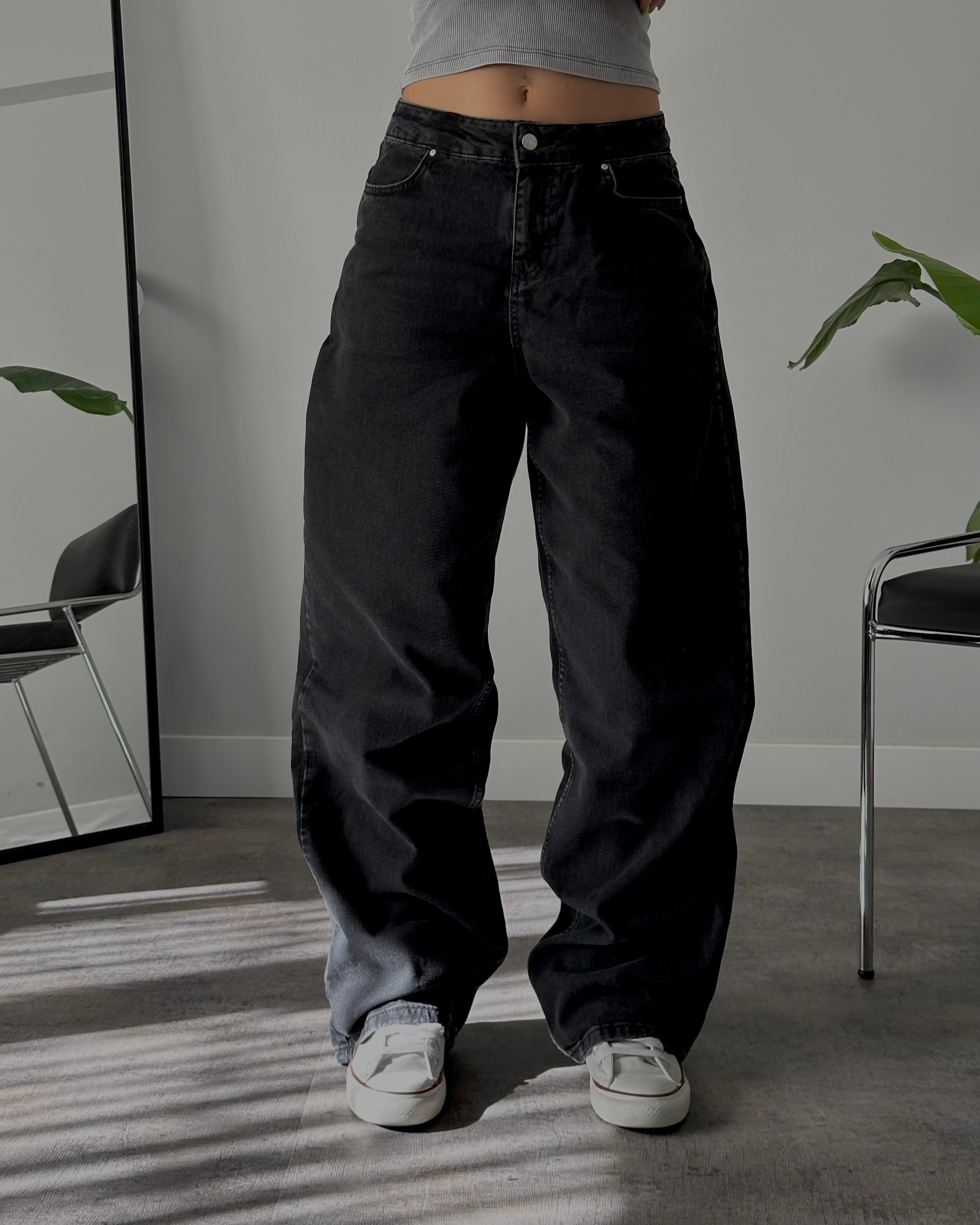 Orta Bel Siyah Relaxed Straight Jean
