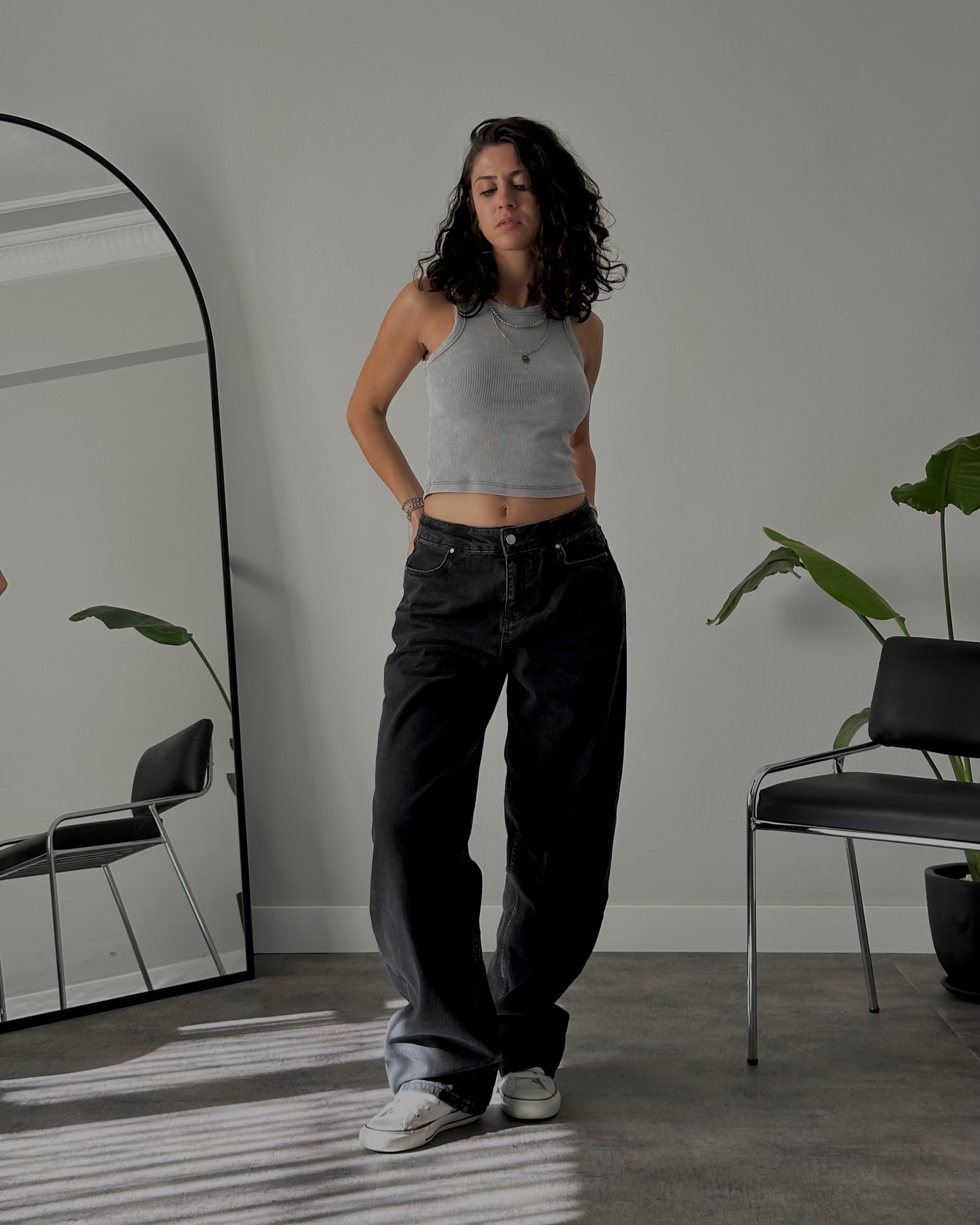 Orta Bel Siyah Relaxed Straight Jean