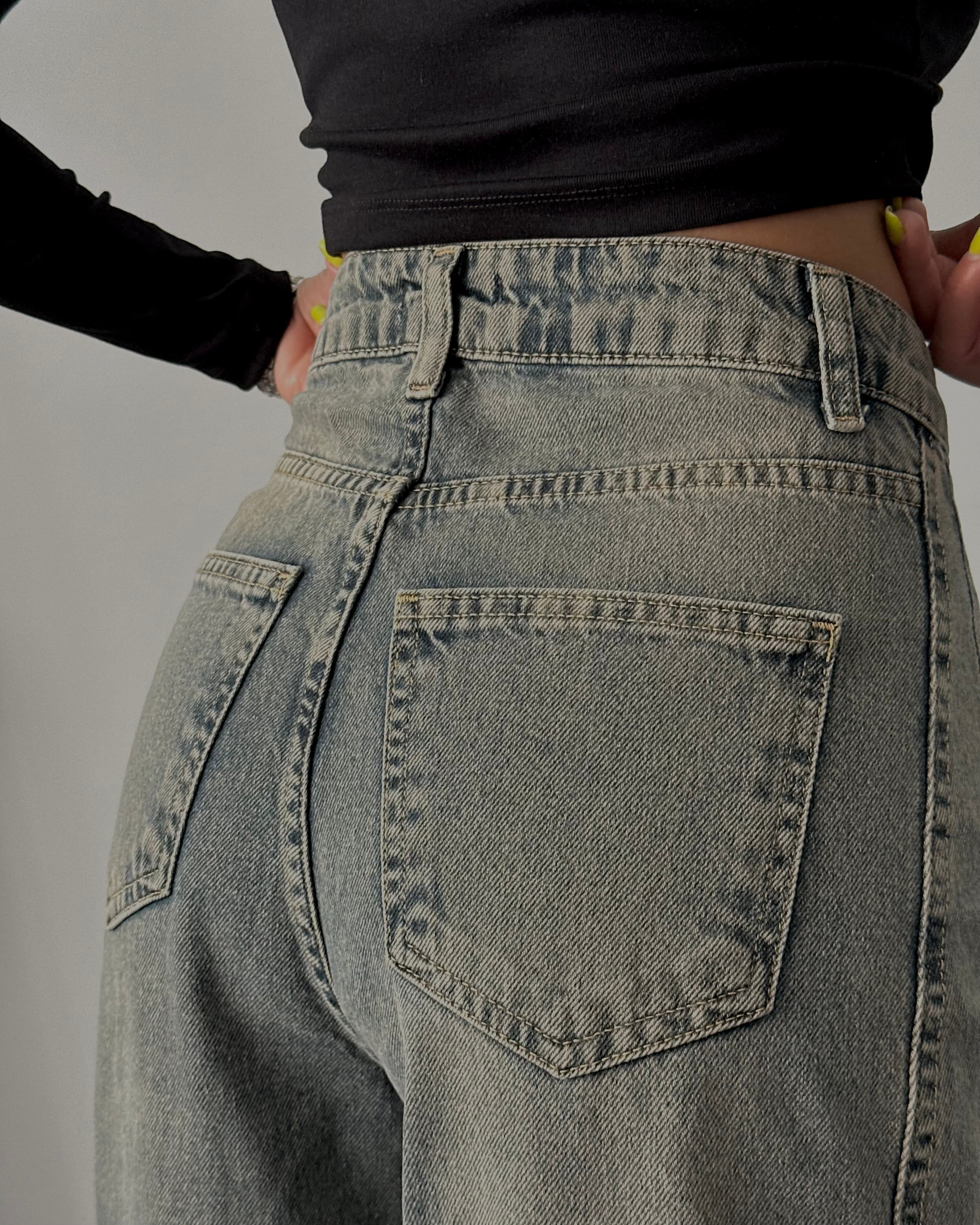 Yüksek Bel Barrel Fit Yıkamalı Jean