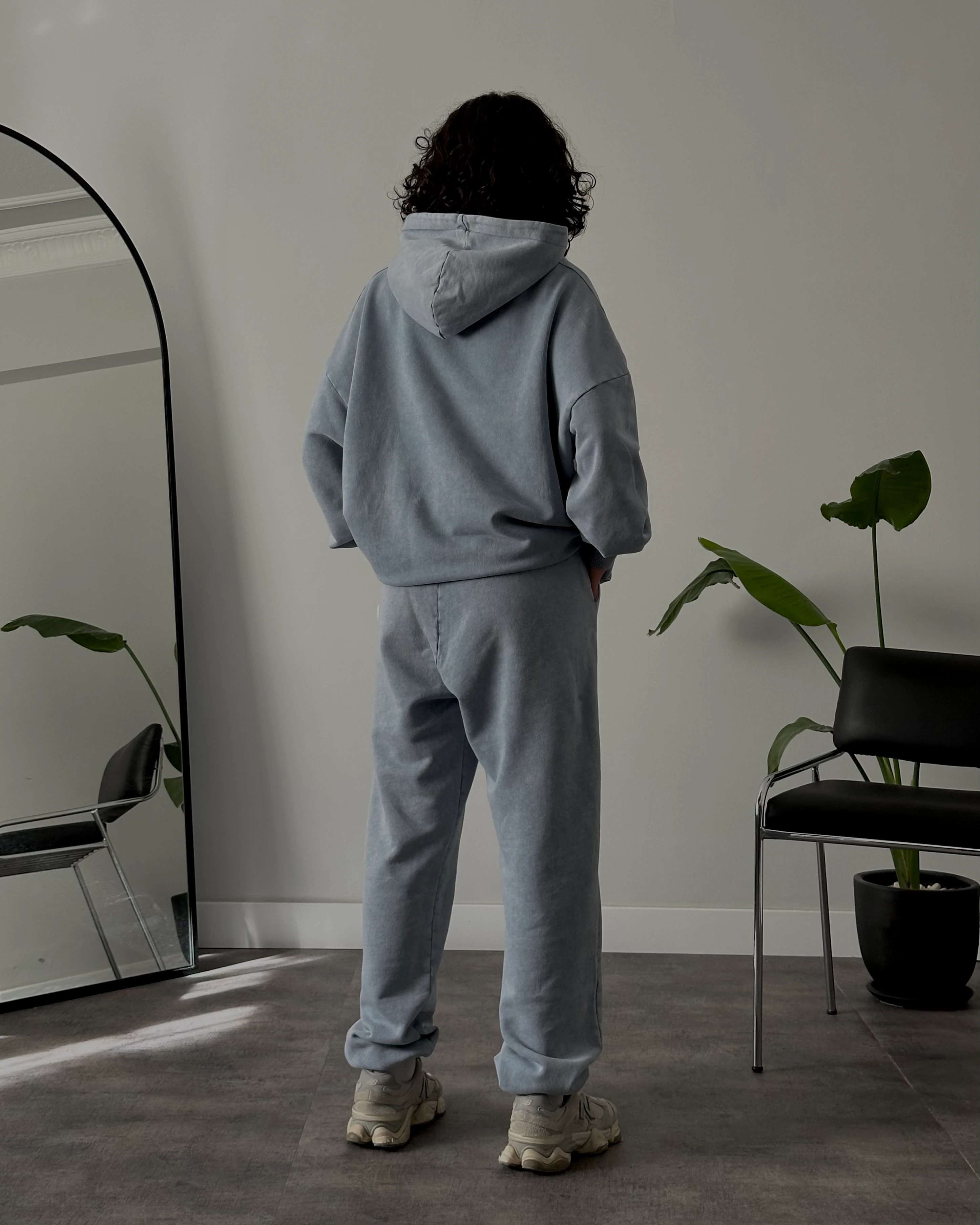 Unisex Yıkamalı Oversize 3 İplik Eşofman Takımı - Yıkamalı Mavi