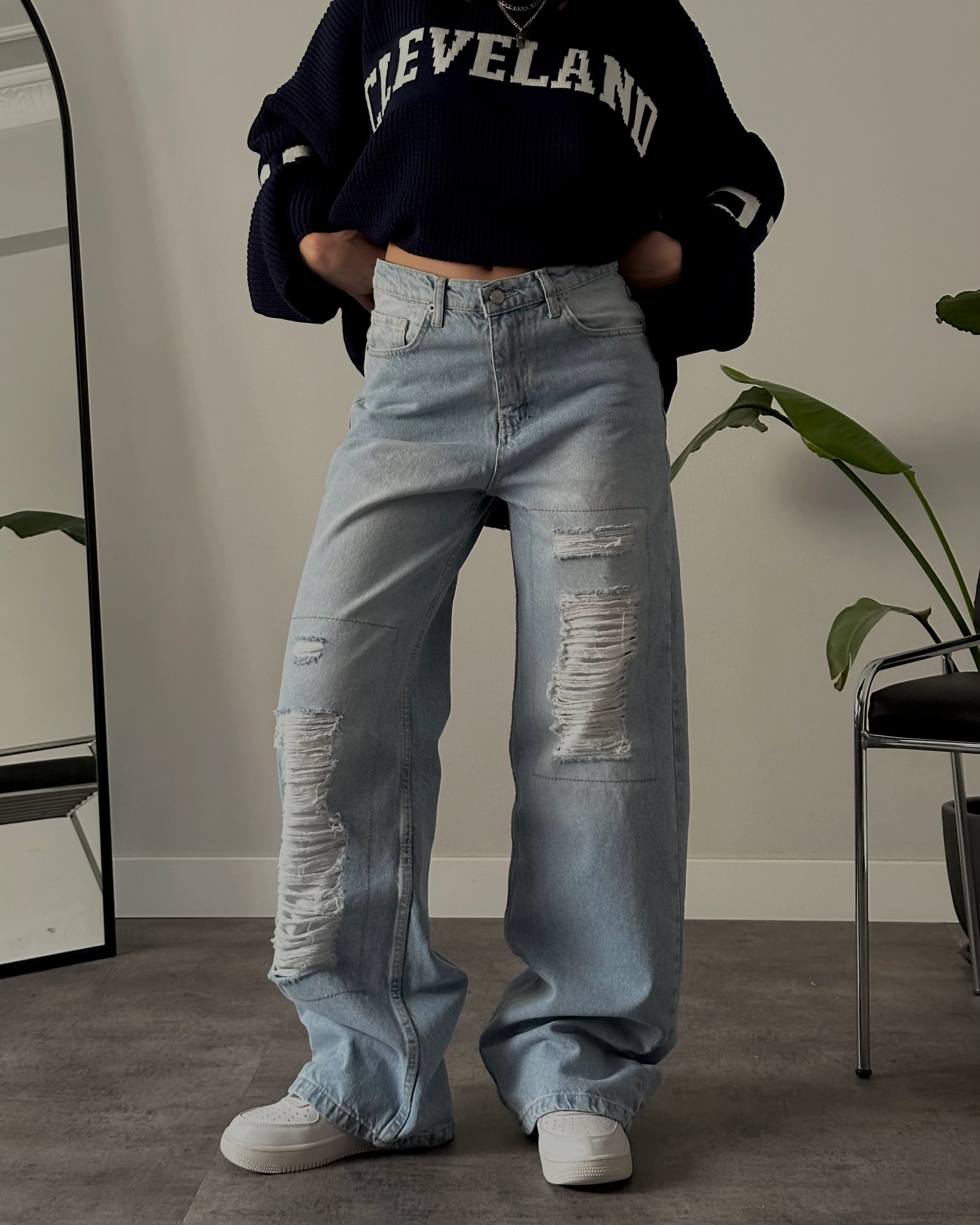 Yüksek Bel Aşırı Yırtık Baggy Jean