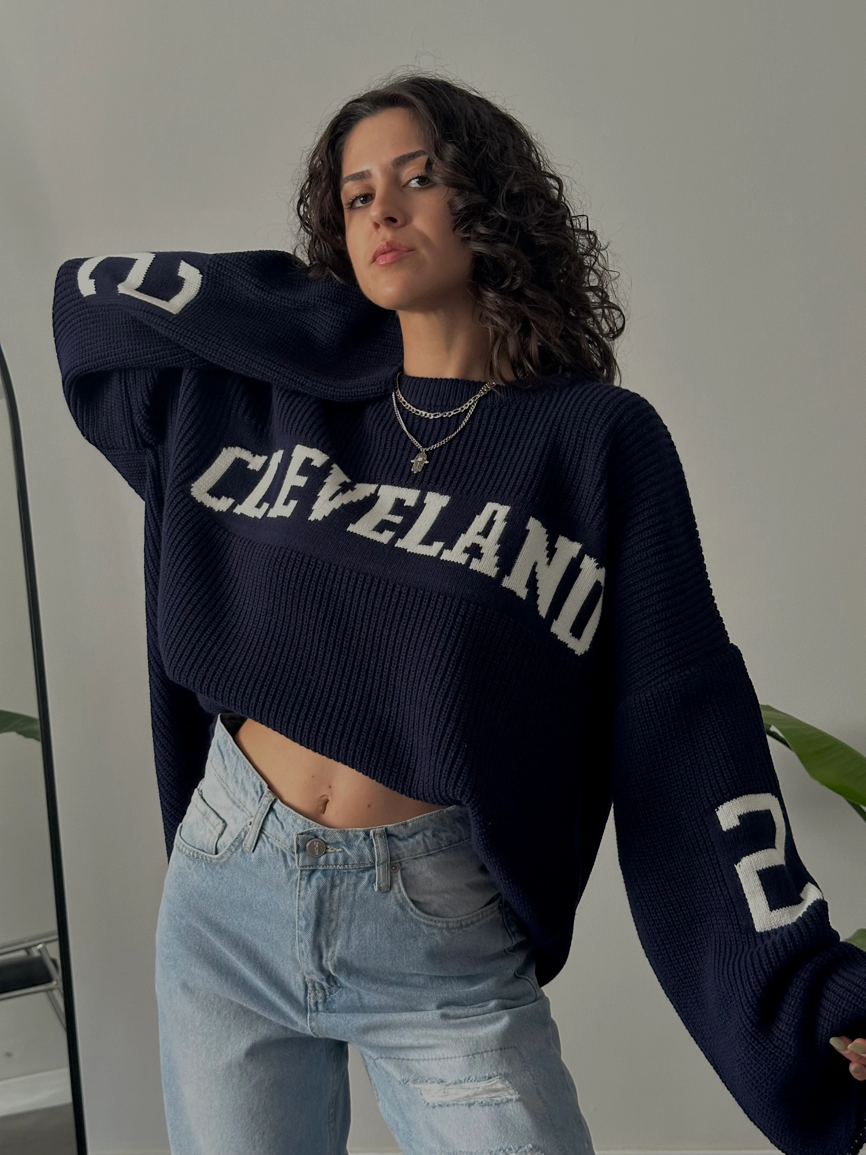 Oversize Cleveland Kolej Triko Kazak - Lacivert