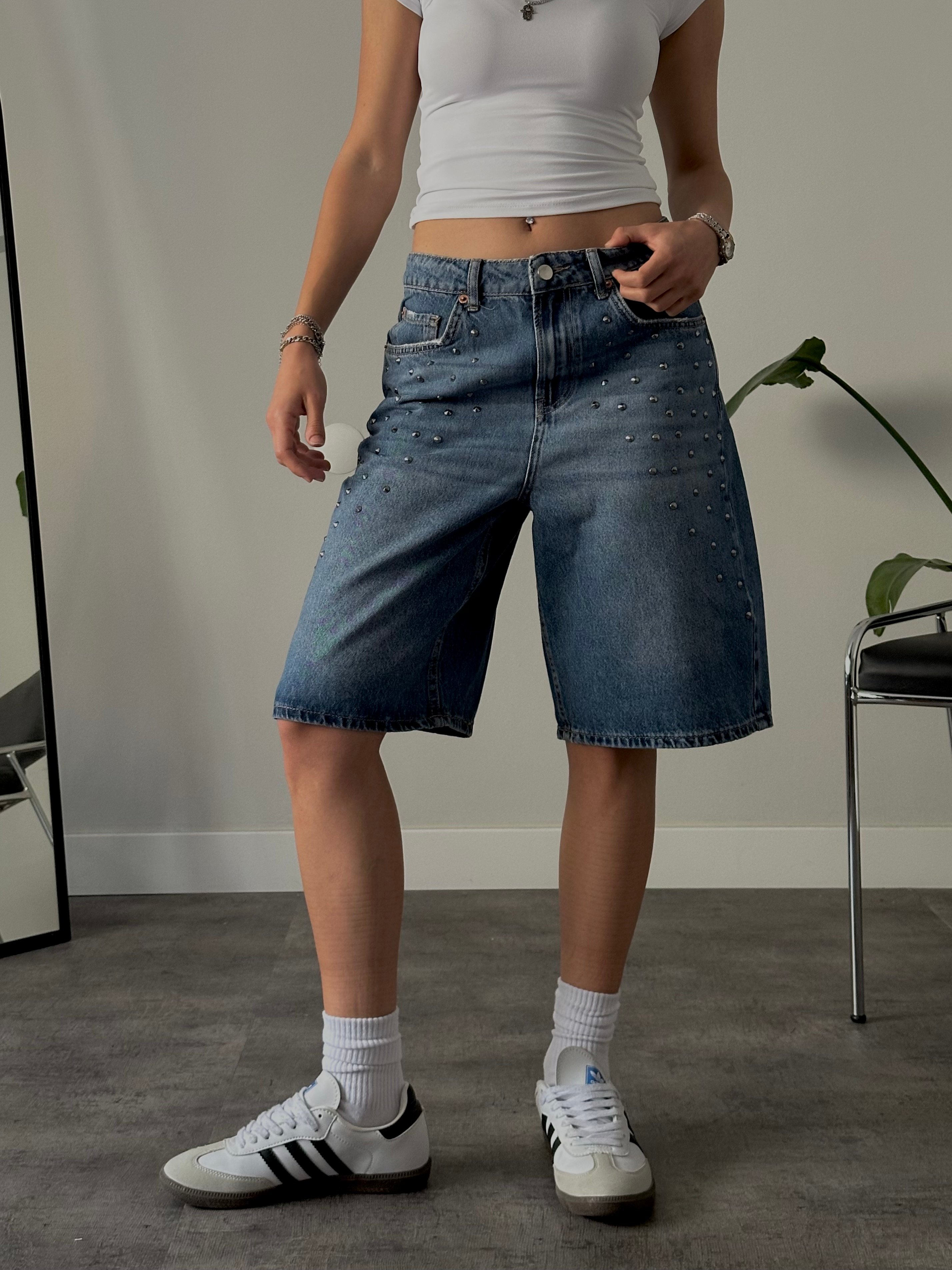 Zımba Detaylı Relaxed Fit Jort Denim Bermuda - Düz Paça