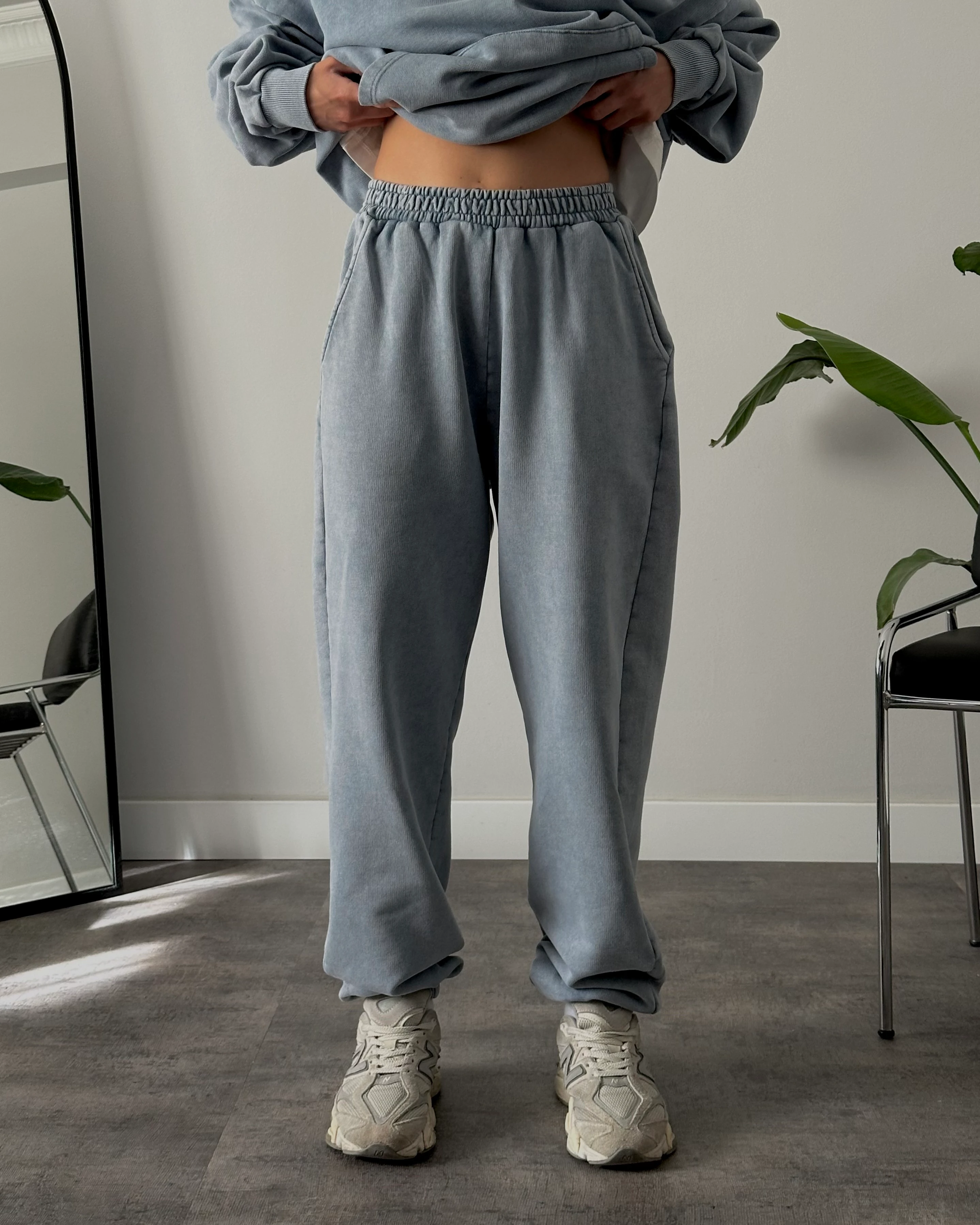 Unisex Yıkamalı Oversize 3 İplik Eşofman Takımı - Yıkamalı Mavi