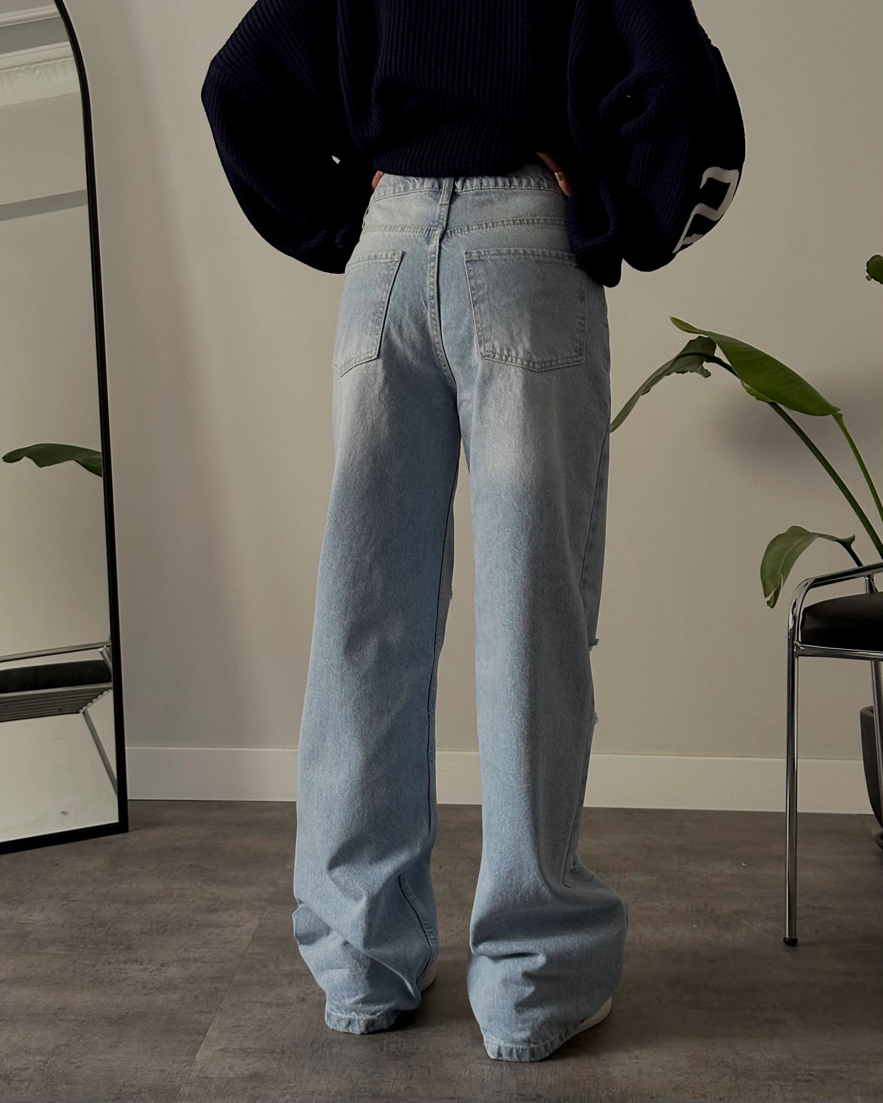 Yüksek Bel Aşırı Yırtık Baggy Jean