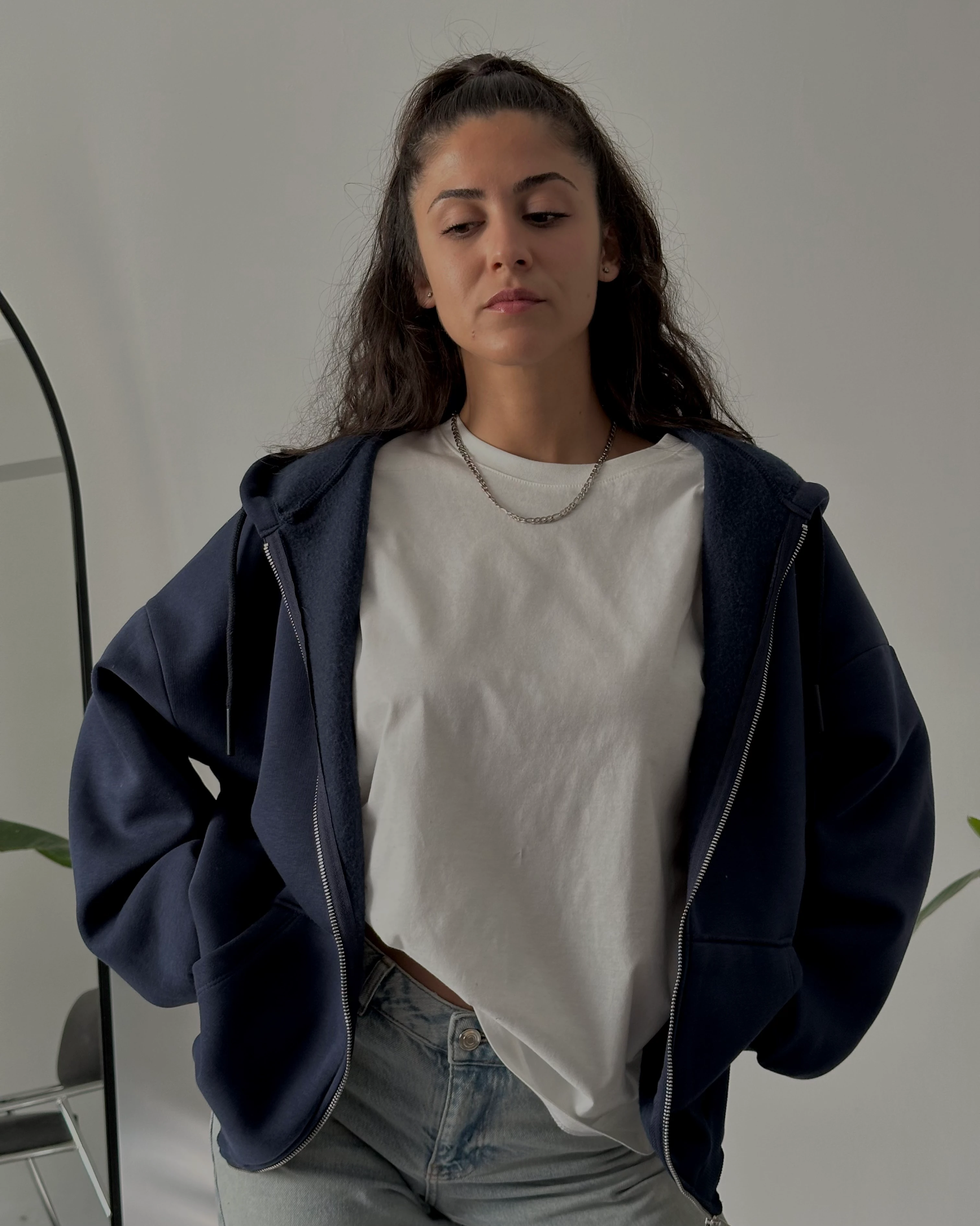 Fermuarlı Kapüşonlu Oversize Sweatshirt - Indigo