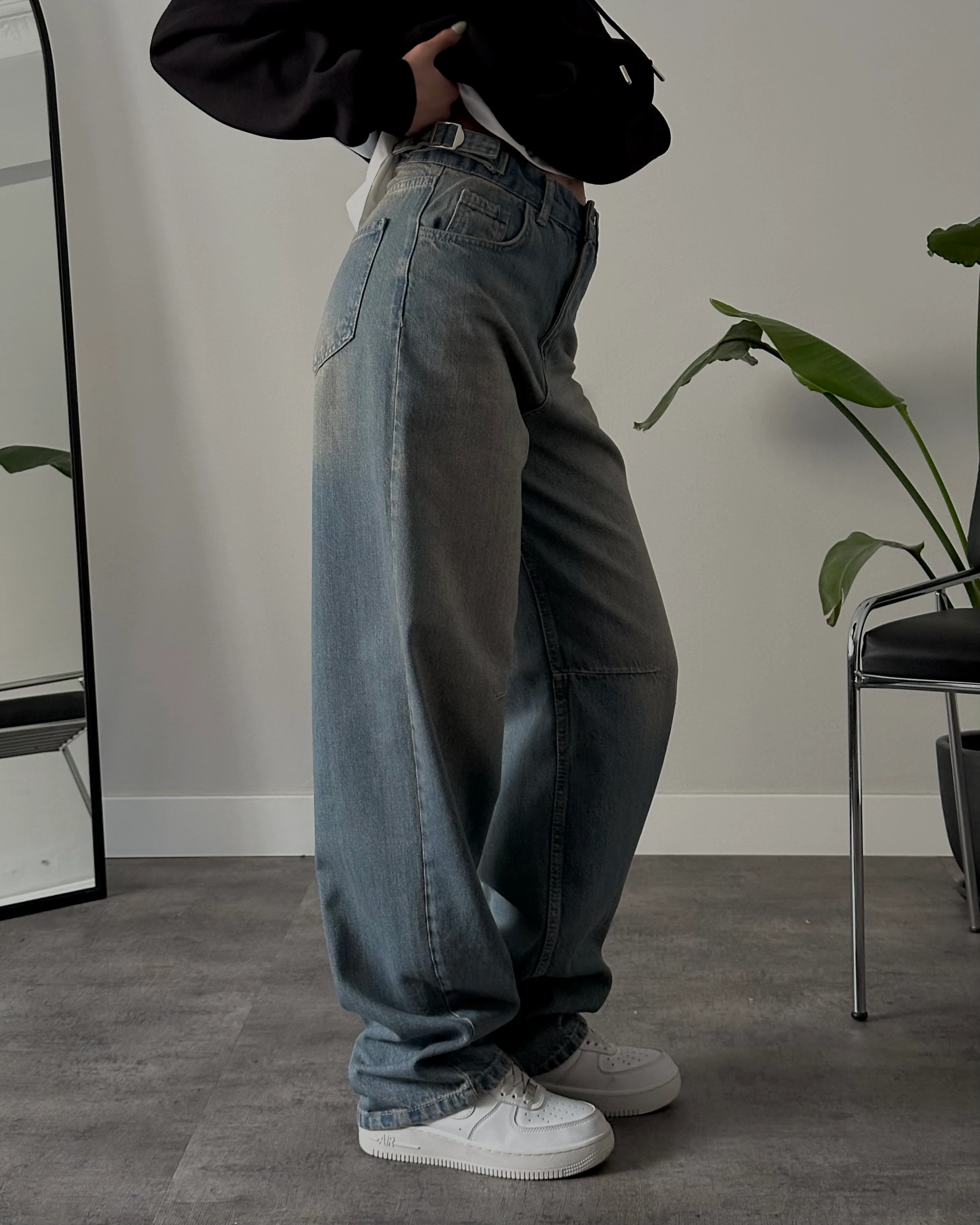 Unisex Yüksek Bel Yandan Tokalı Mavi Vintage Baggy Jean