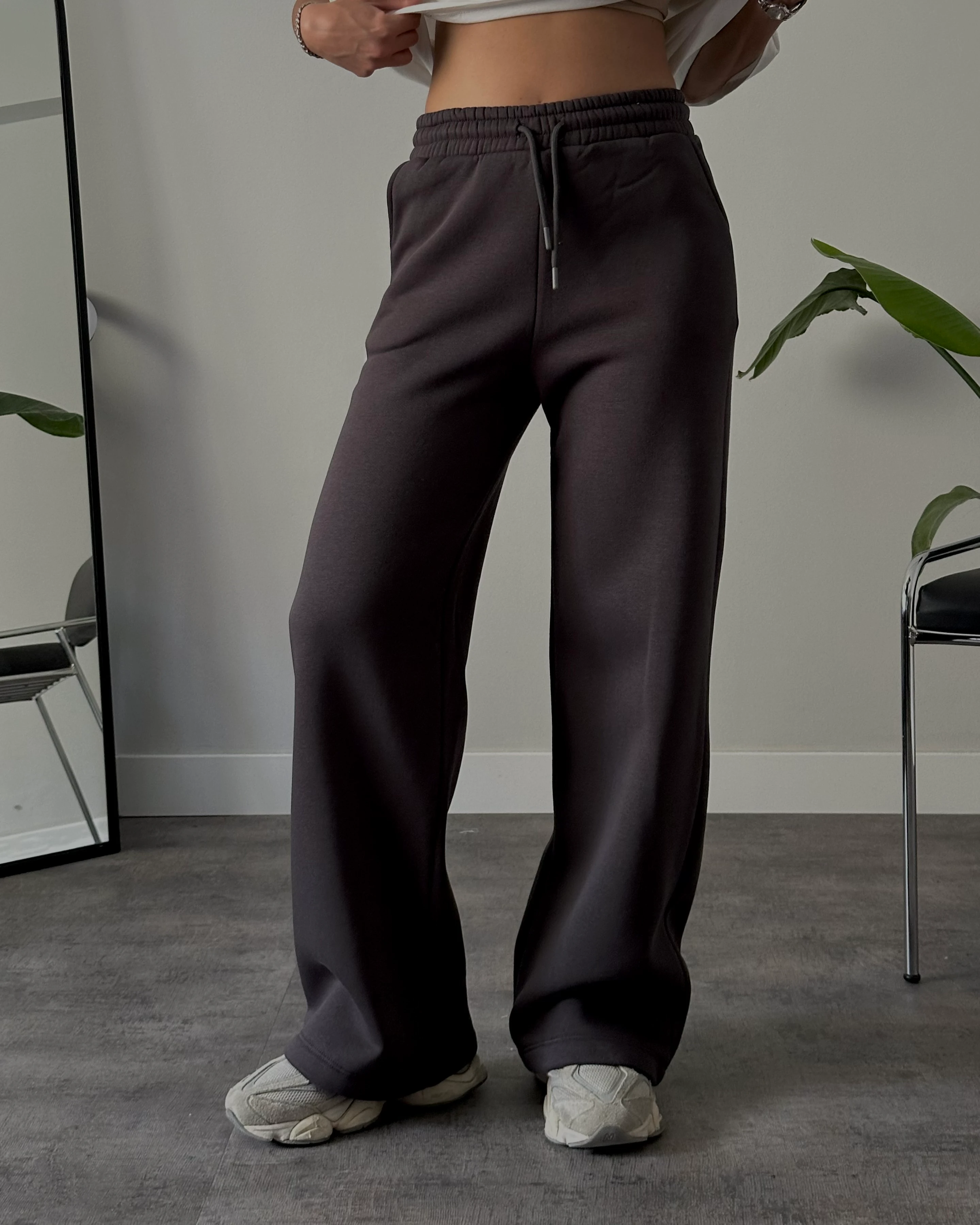 Yüksek Bel Şardonlu Rahat Kalıp Eşofman Altı - Antrasit