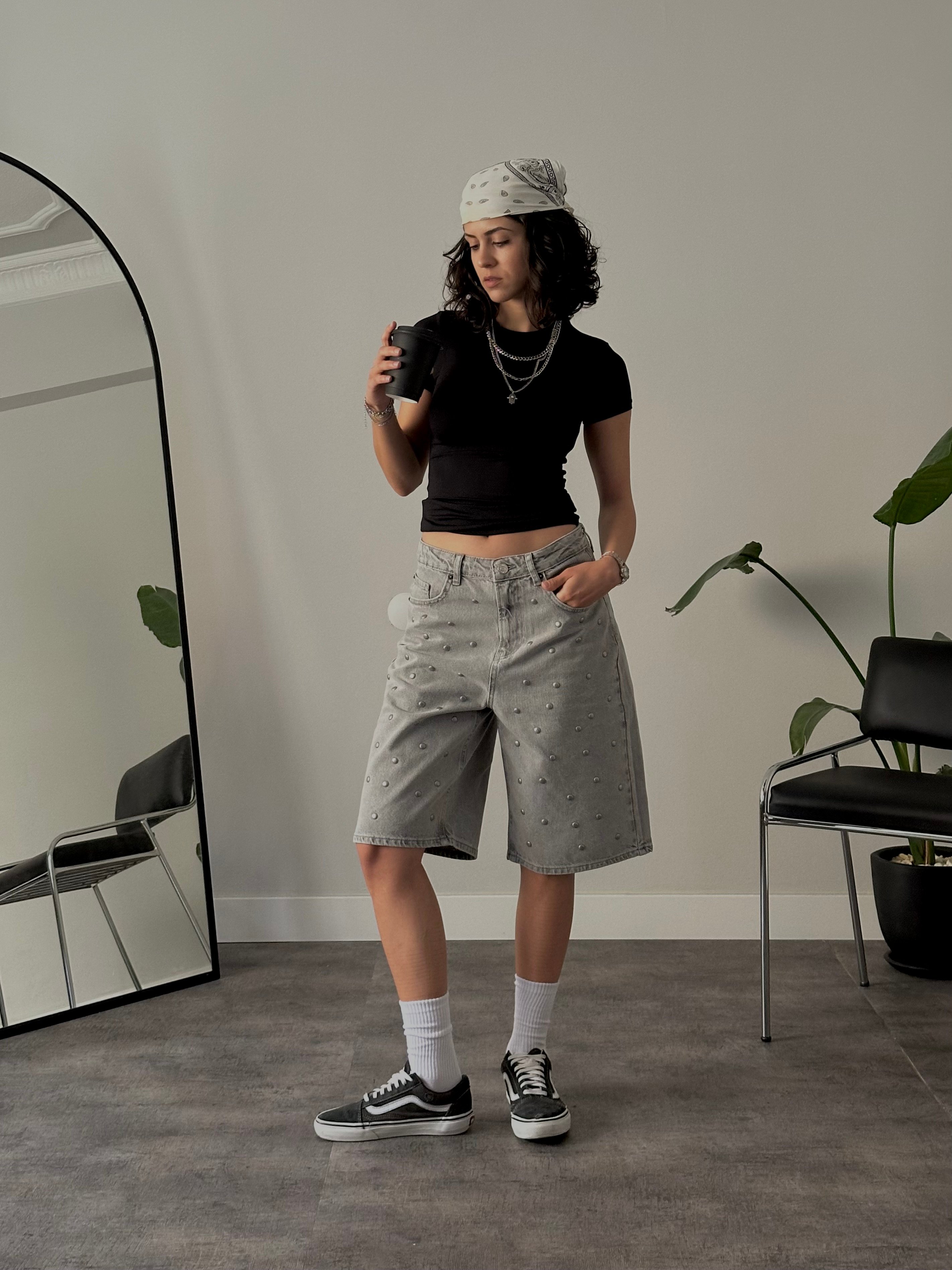 Relaxed Fit Zımbalı Jort Denim Bermuda