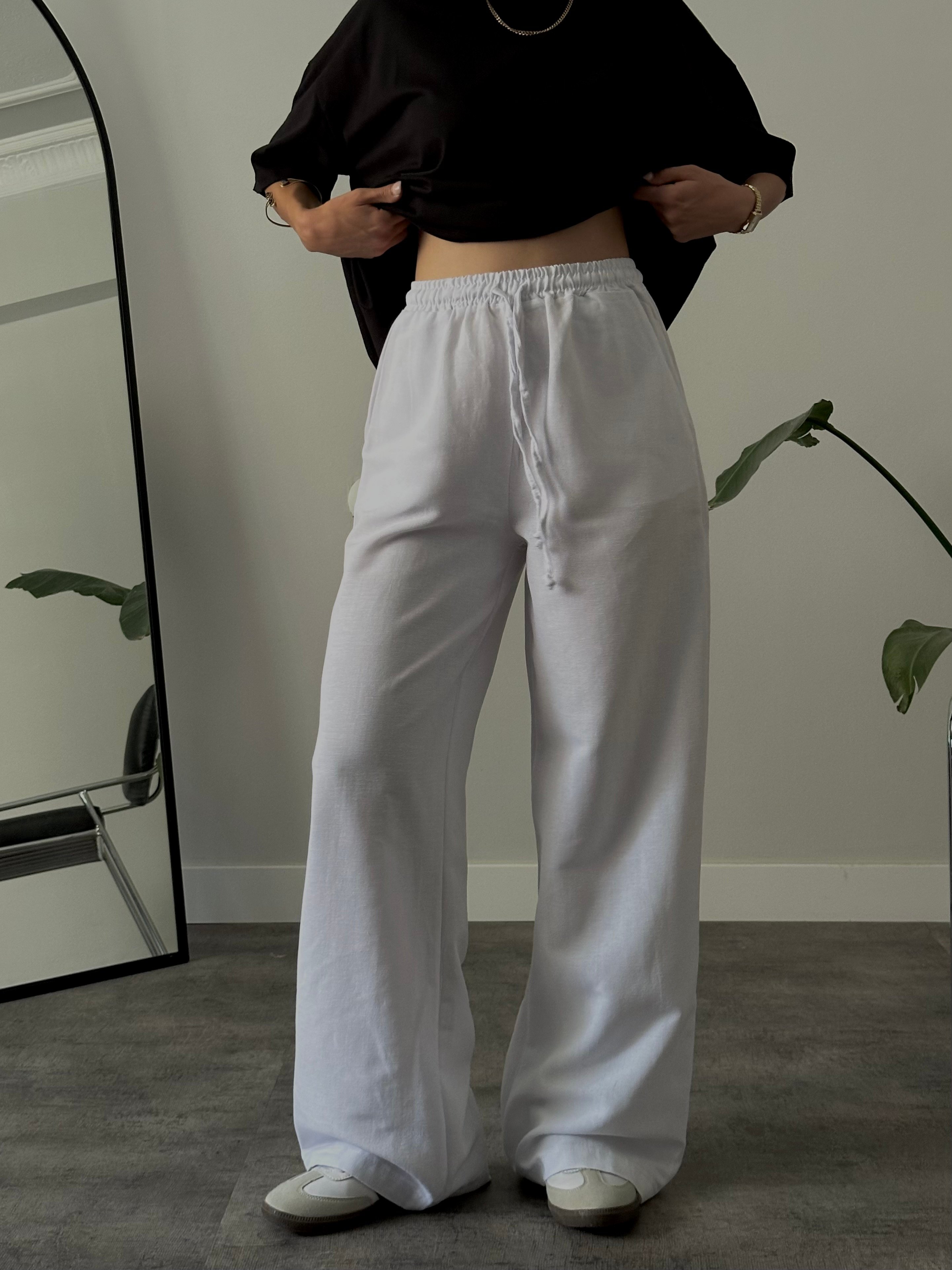 Yüksek Bel Bağcıklı Relaxed Keten Pantolon - Beyaz