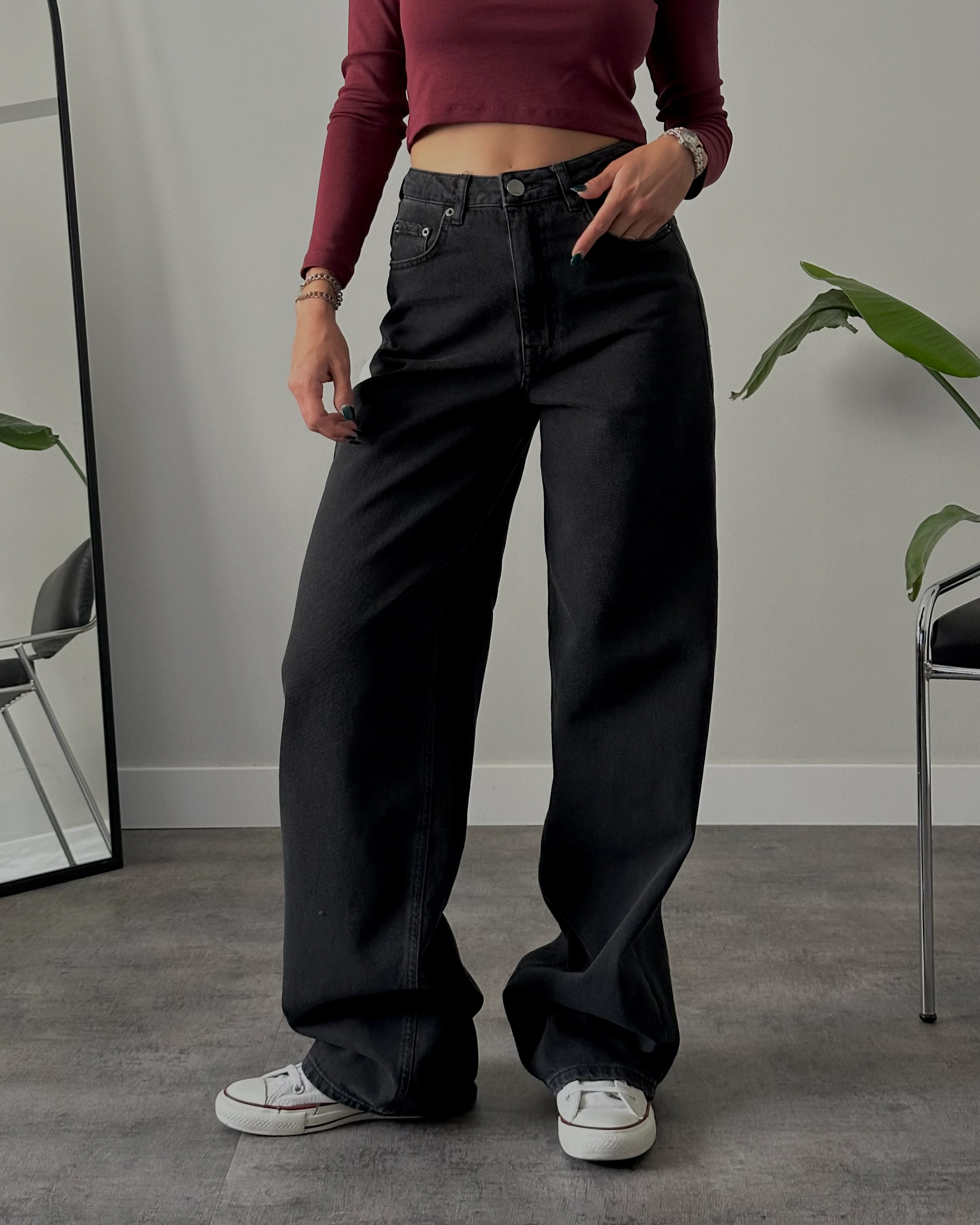 Yüksek Bel Hafif Yıkamalı Siyah Baggy Jean