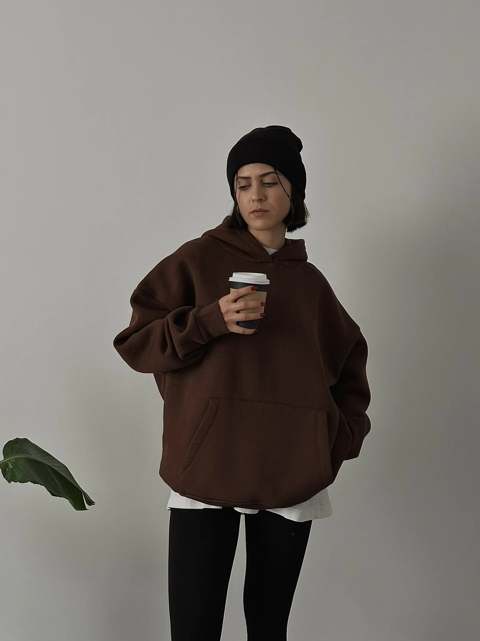 Oversize Kadın Kapüşonlu Sweatshirt - Kahverengi