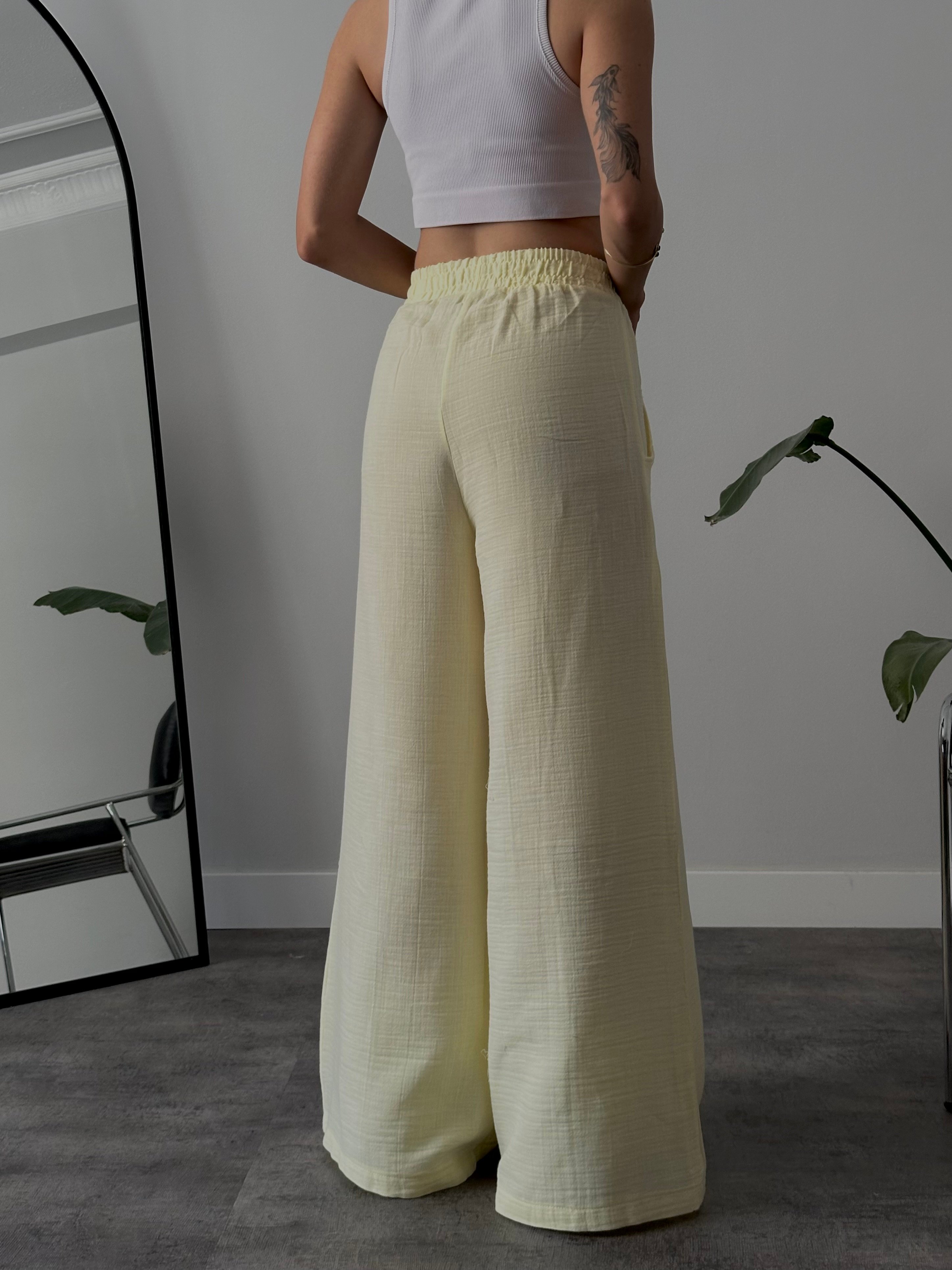 Yüksek Bel Wide Leg Müslin Pantolon - Sarı