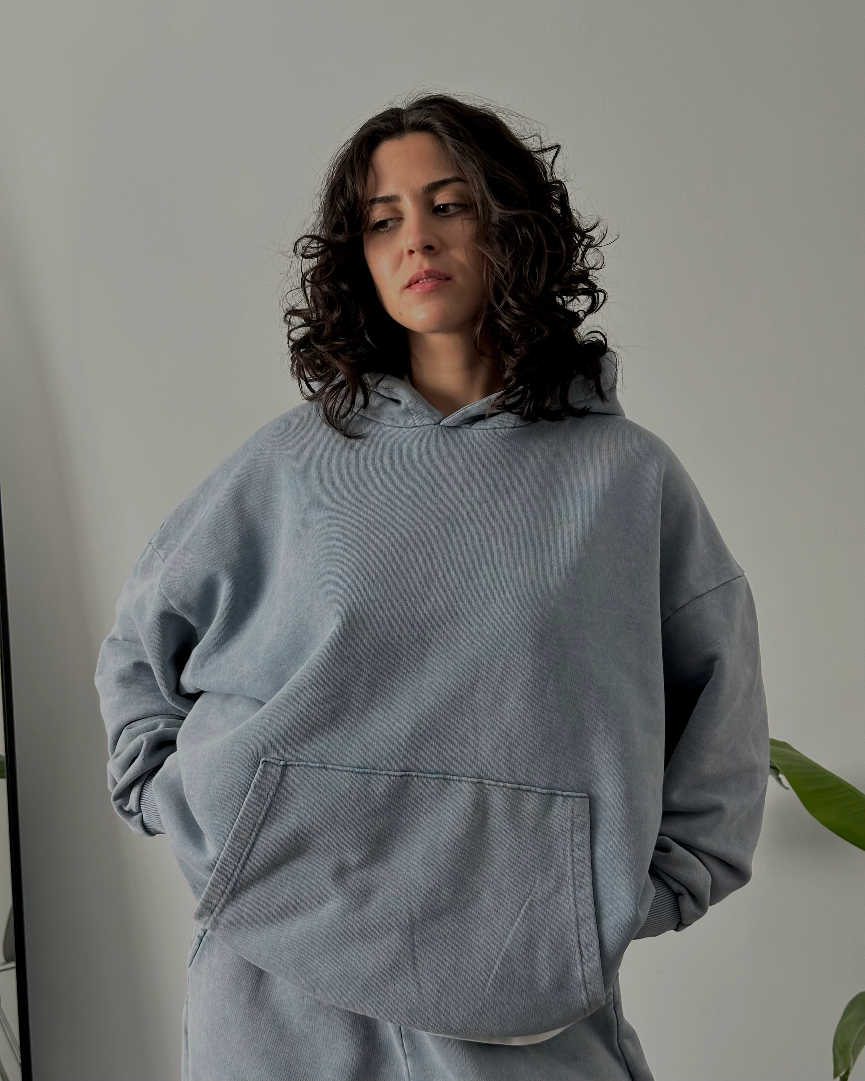 Unisex Yıkamalı Oversize 3 İplik Eşofman Takımı - Yıkamalı Mavi