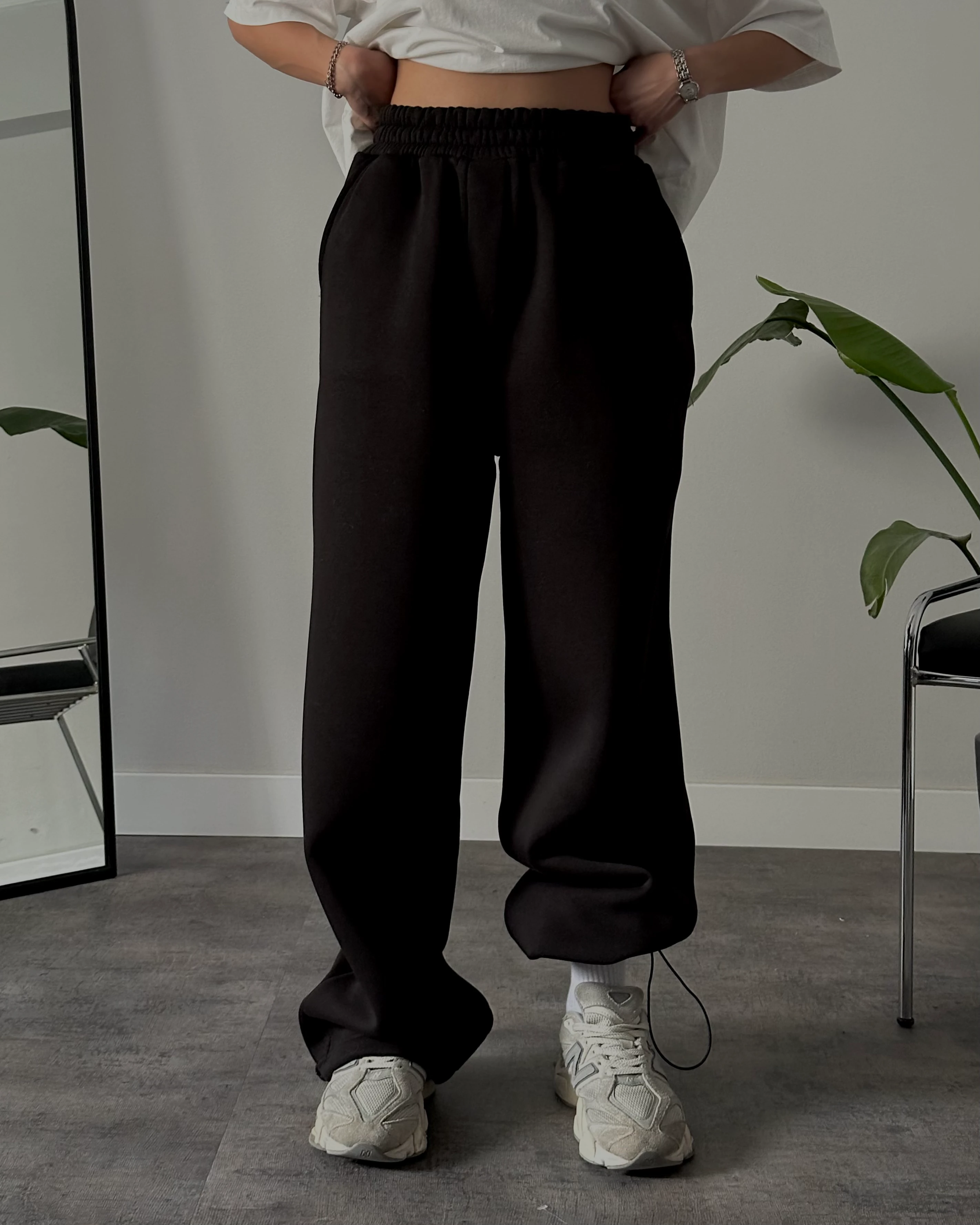 Ultra Yüksek Bel Baggy Fit Üç İplik Şardonlu Eşofman Altı - Siyah