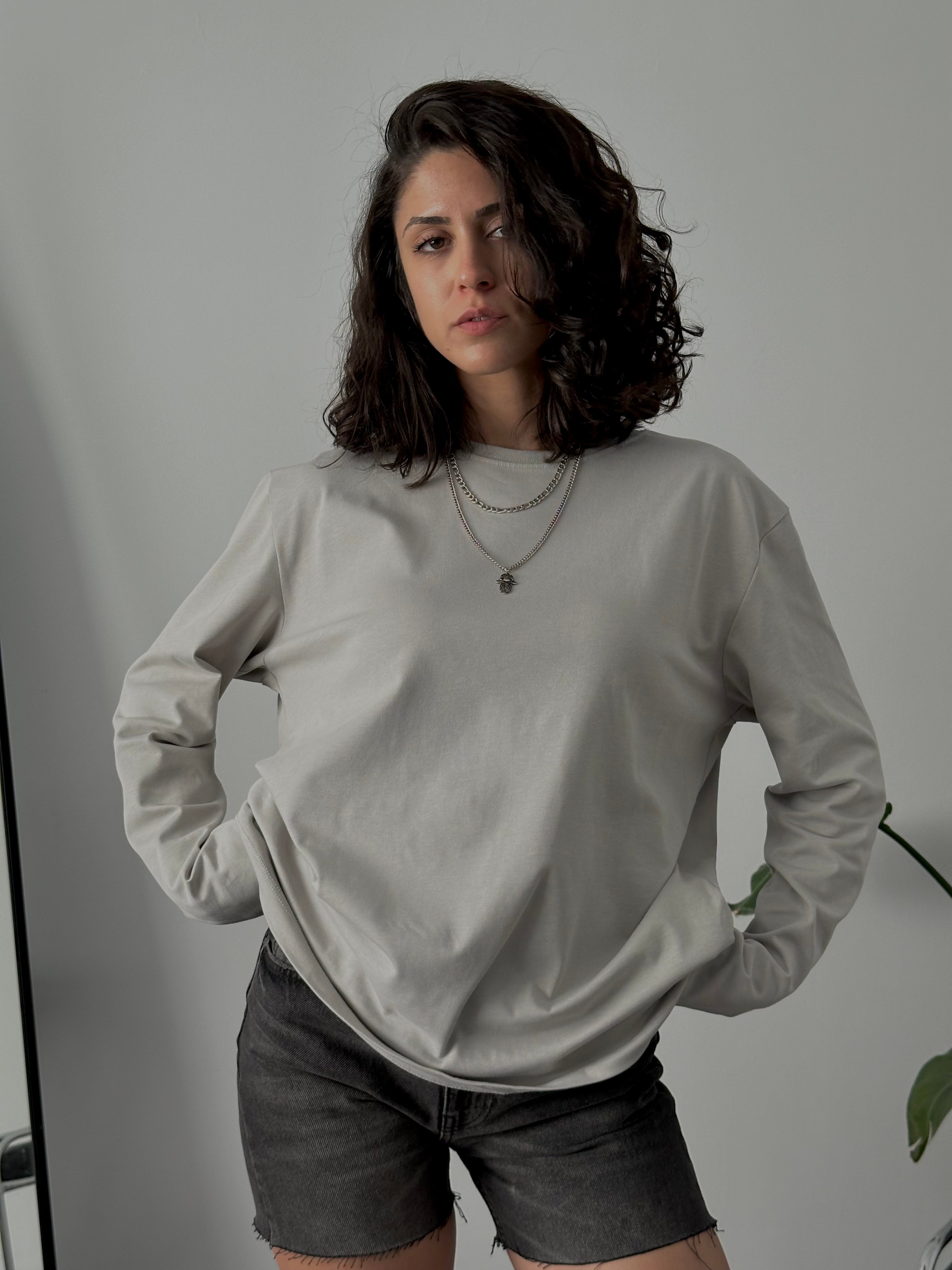 100% Cotton Oversize Basic Long Sleeve T-Shirt - Grey