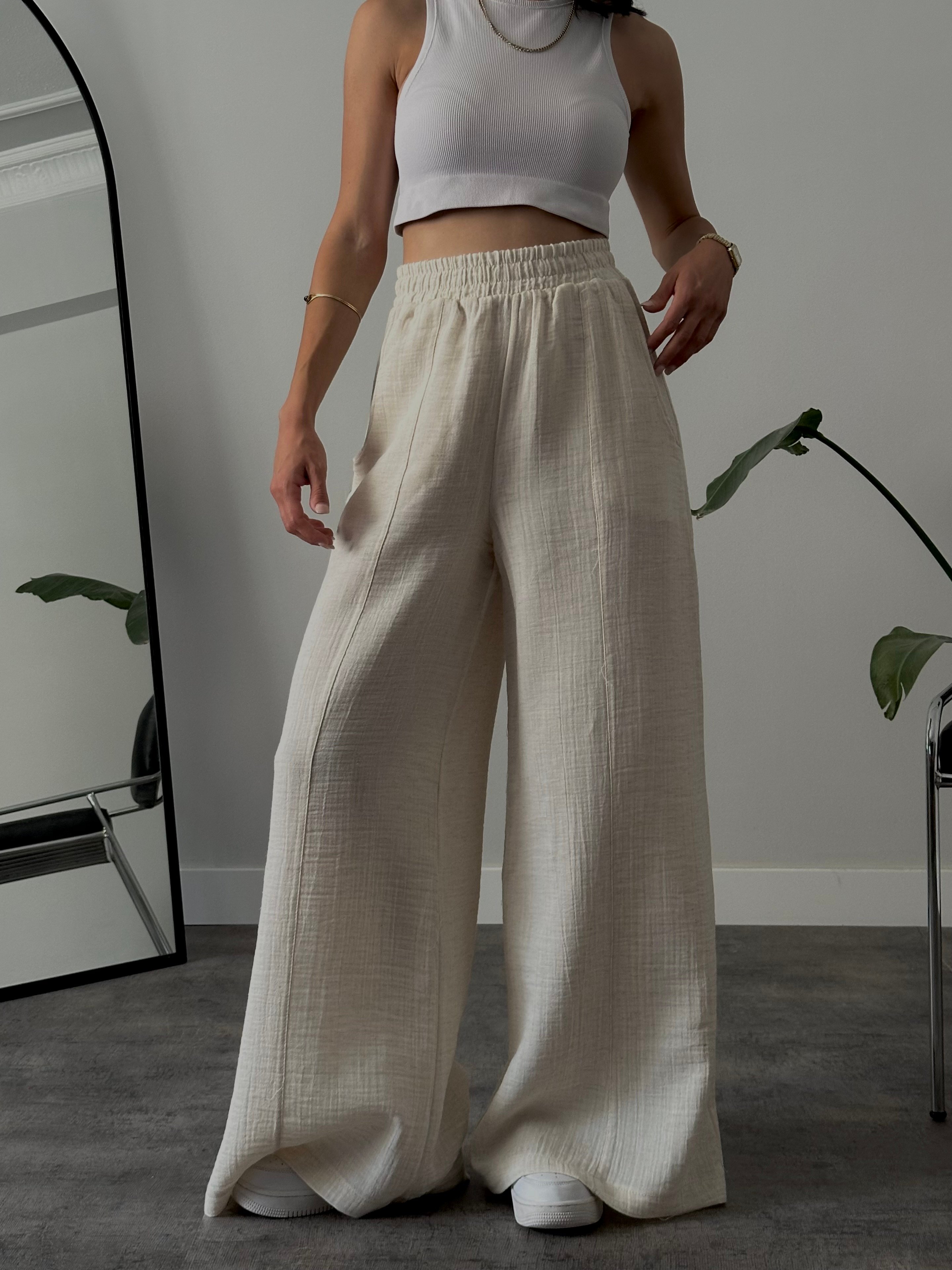 Yüksek Bel Wide Leg Müslin Pantolon - Bej